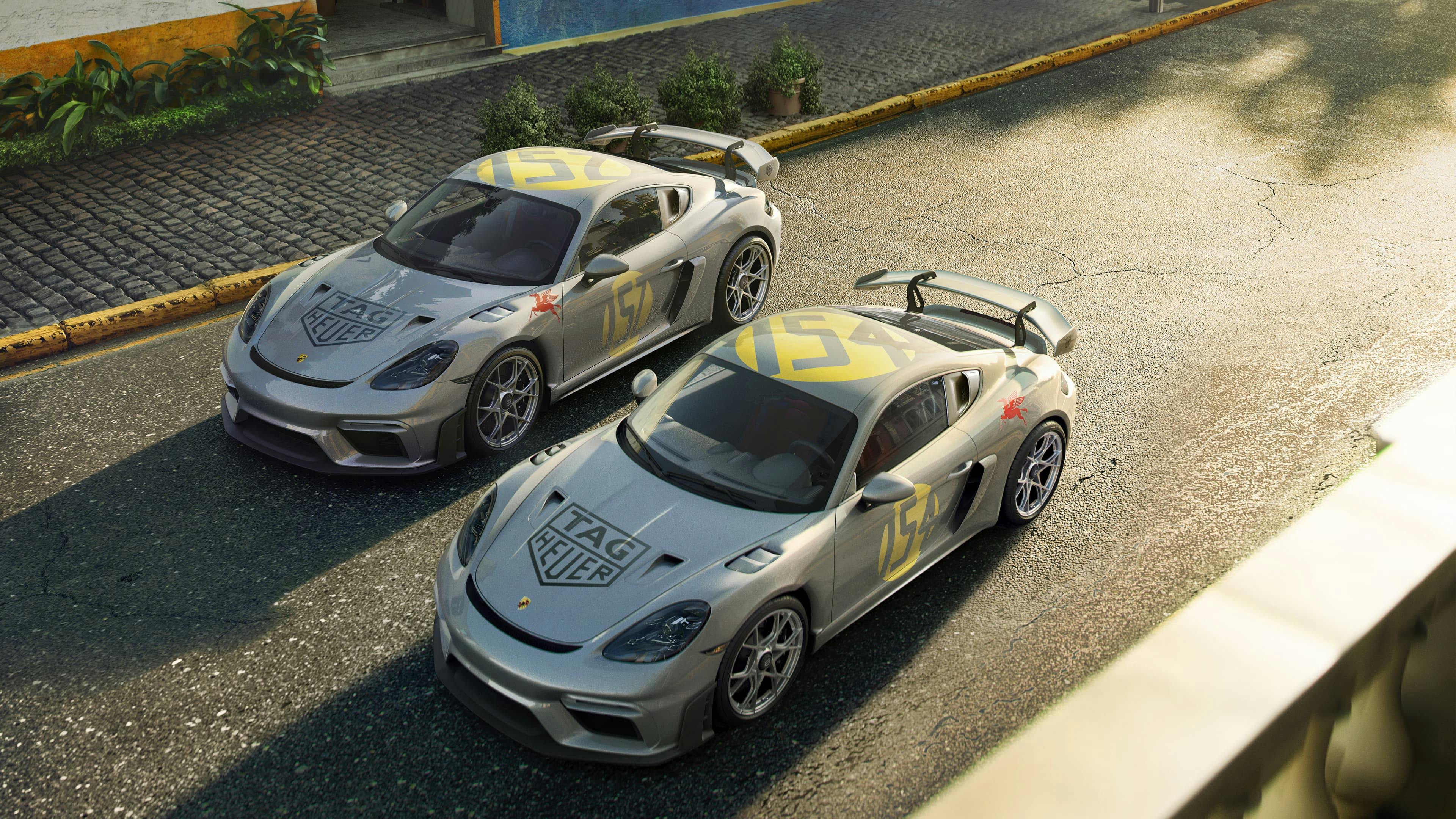 The 718 GT4 RS Carrera Panamericana Special, with number 154, is a unique car designed by Porsche Exclusive Manufaktur for TAG Heuer. It was inspired by the 550 Coupé that competed in La Carrera Panamericana of 1953.