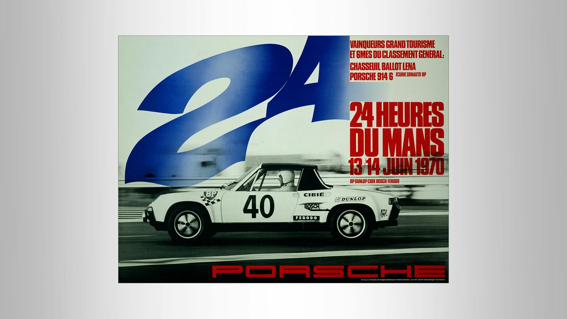 Race poster of the 24 heures Du Mans race 1970:  A black & white photo of the race with blue and red grafic elements.