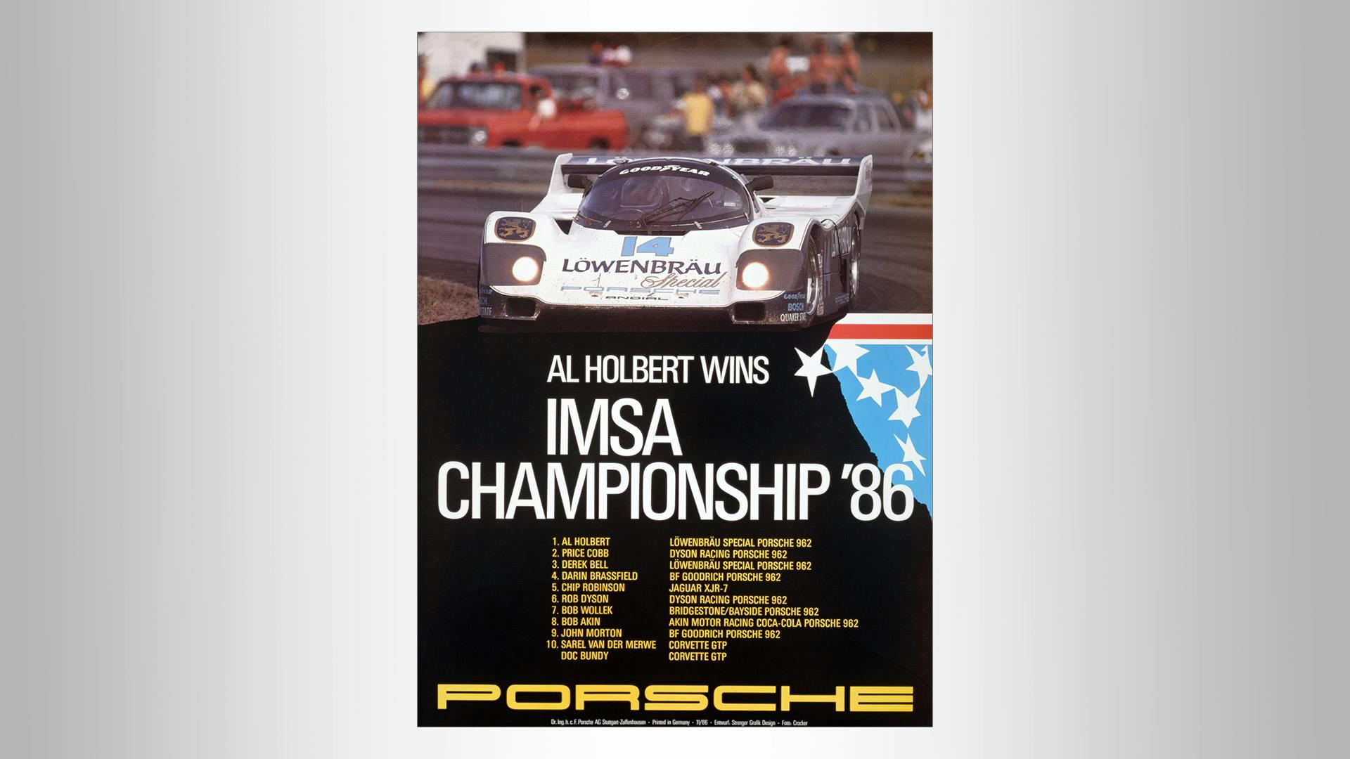 Victory poster Imsa Championship 1986: Picture of a Porsche racecar on black backgorund with all the winner´s names.