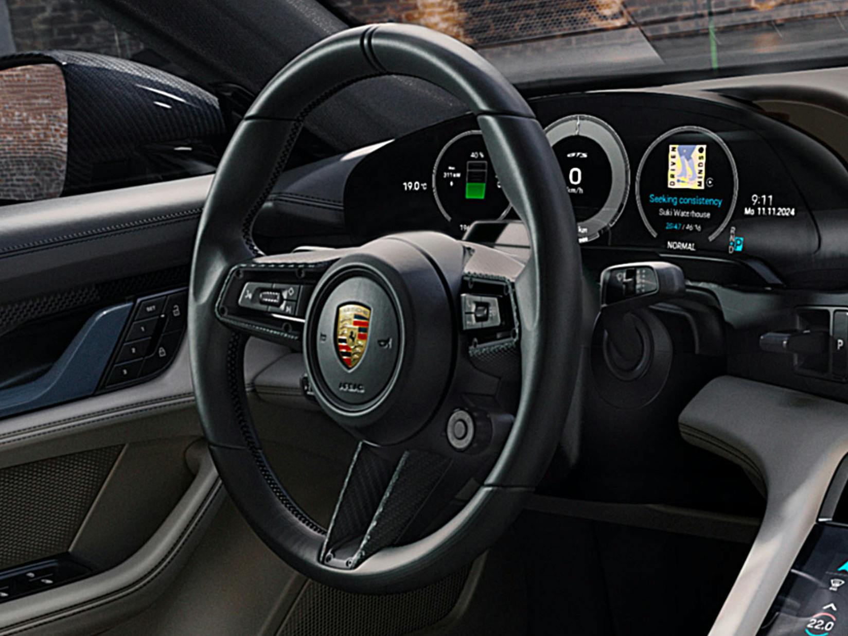 Porsche Exclusive Manufaktur Taycan GTS with matt carbon interior package and accent package. Detailed view of the multifunction GT sport steering wheel.