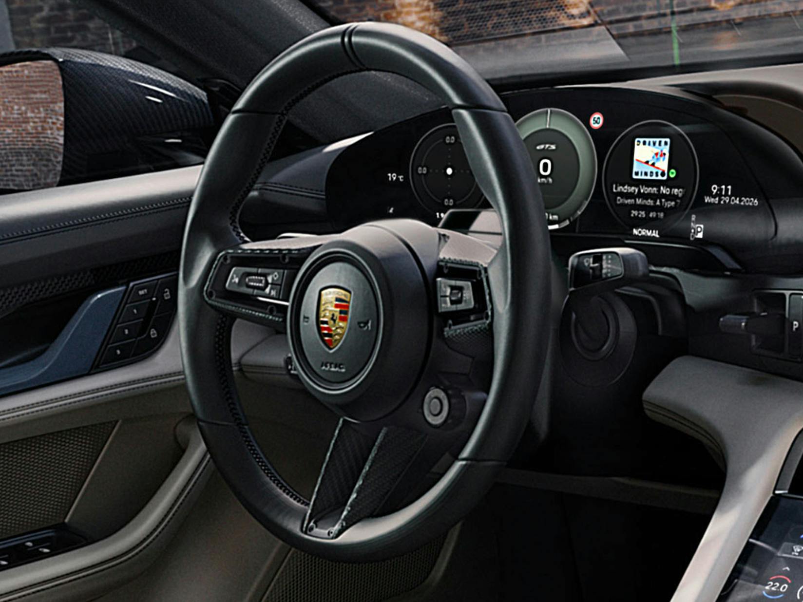 Porsche Exclusive Manufaktur Taycan GTS con paquete interior en carbono mate y paquete de contraste. Detalle del volante deportivo GT multifunción.
