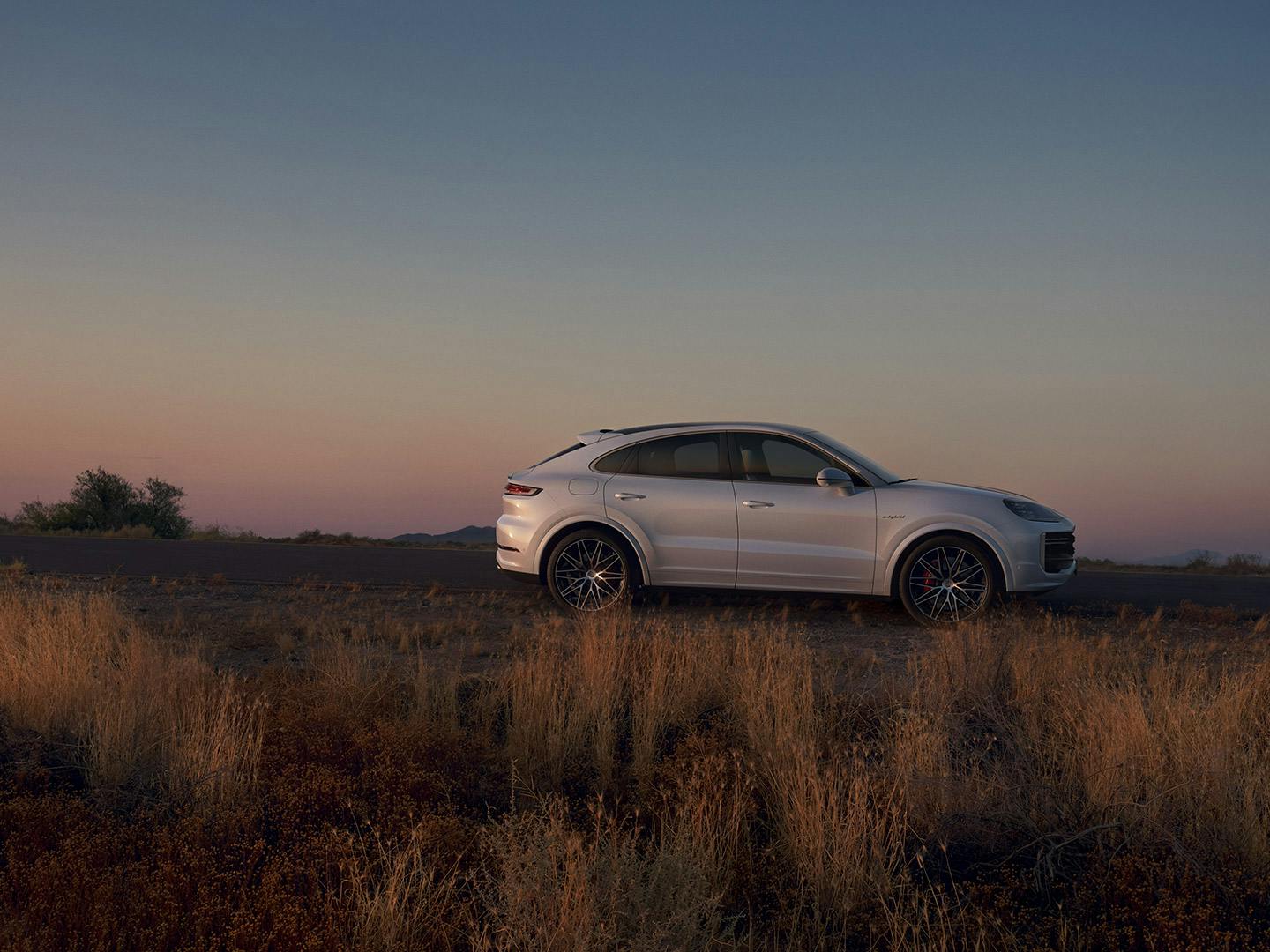 Weißer Porsche Cayenne steht seitlich auf einer Straße in einer trockenen Landschaft mit hohem Gras.