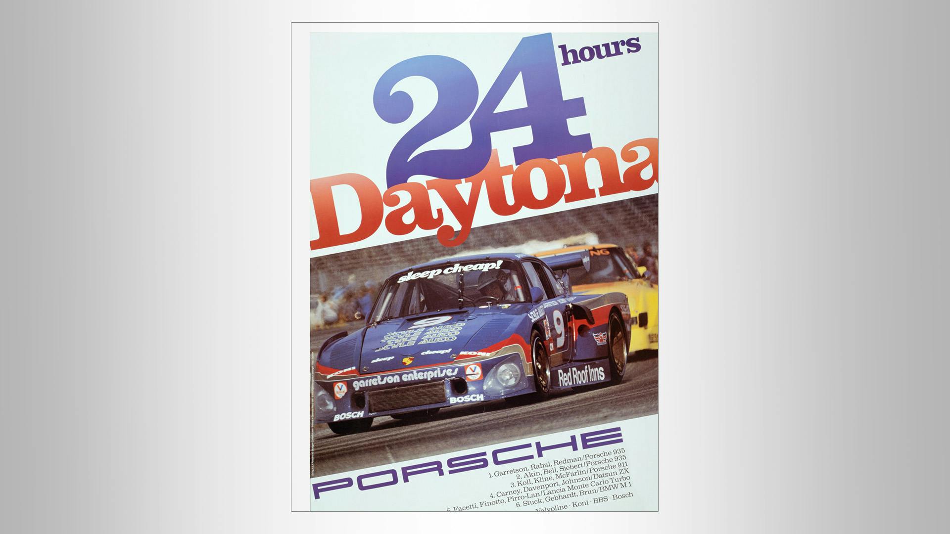 Daytona 24 Hours race poster: Blue racecar on whtie background with blue/red writing.