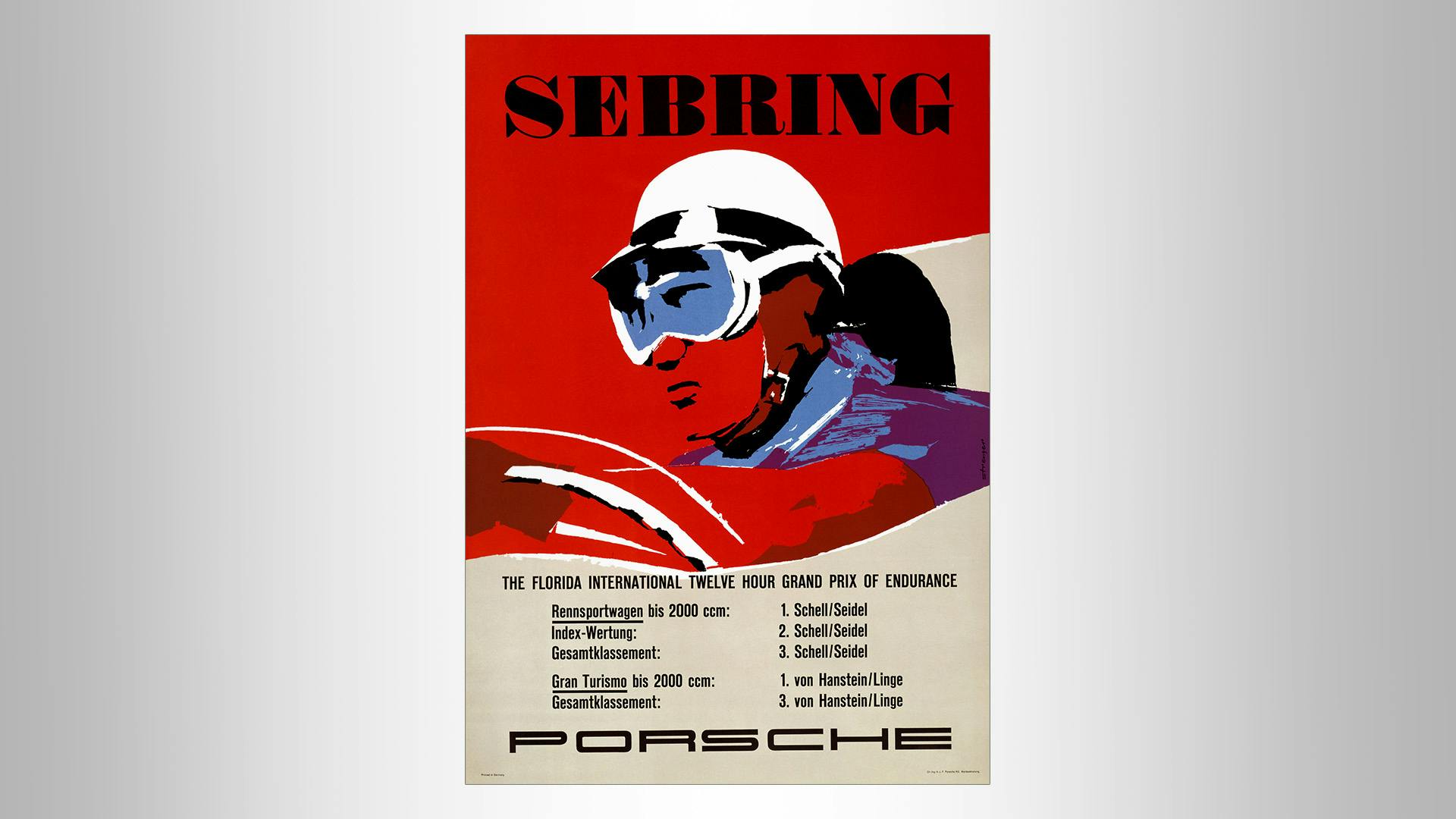 Porsche race poster with red-blue painted race driver on red background and lettering: Sebring, The Florida International Twelve Hour Grand Prix of Endurance.