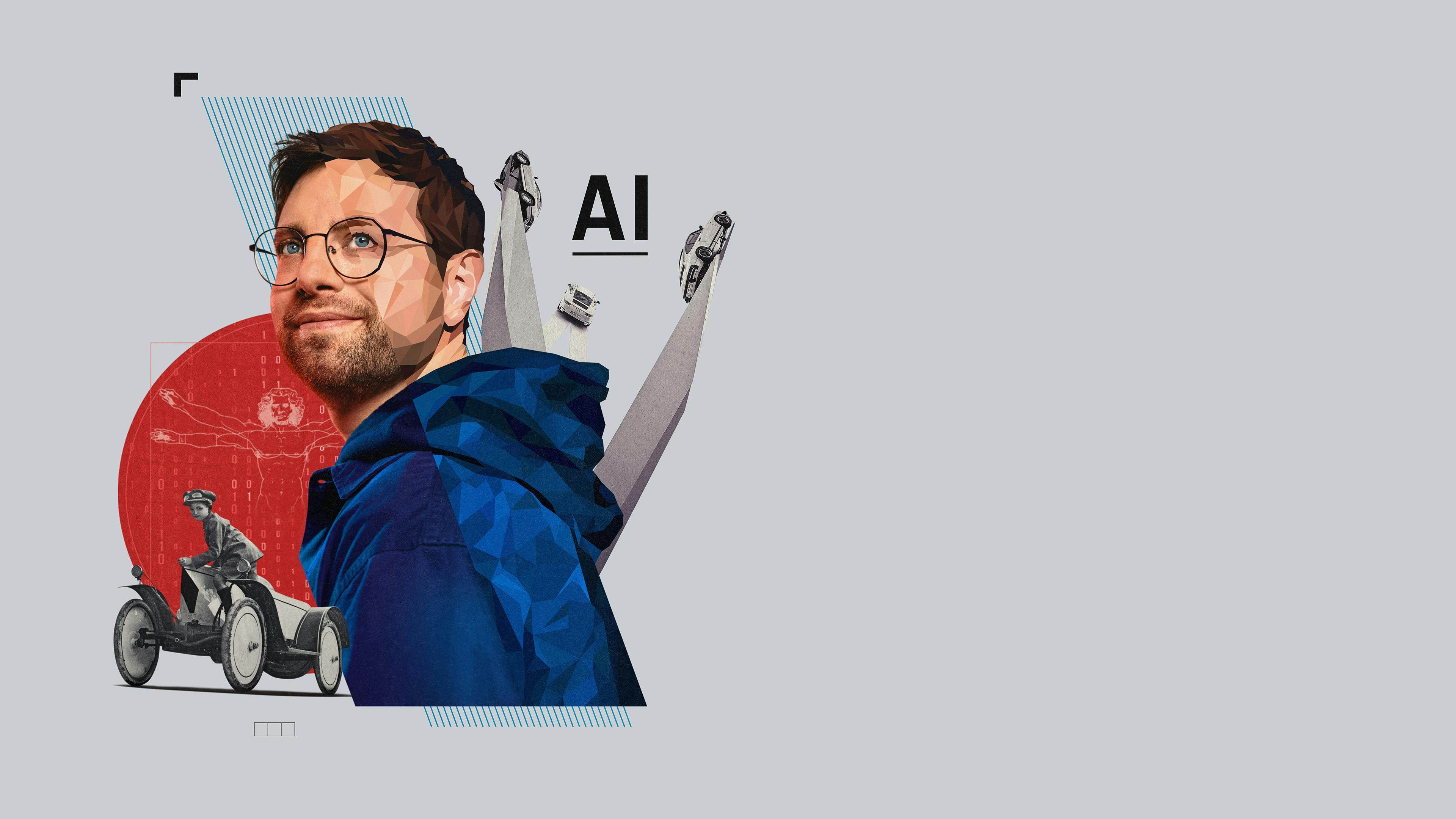Grafische Collage mit einer Person in moderner Kleidung vor abstrakten Designelementen, historischen Fahrzeugmotiven und technologischen Symbolen; der Schriftzug „AI“ verweist auf künstliche Intelligenz und die Verbindung von Tradition und Zukunftstechnologie.