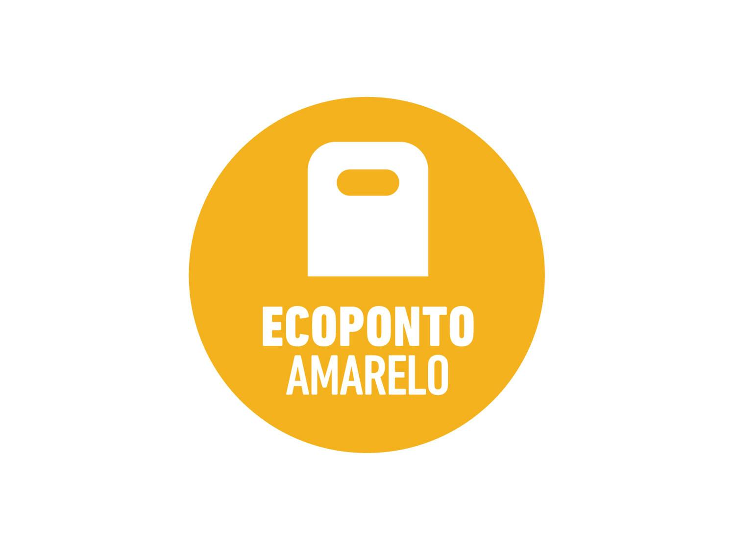 Círculo amarelo com ícone de um contentor de lixo e texto “Ecoponto Amarelo”.