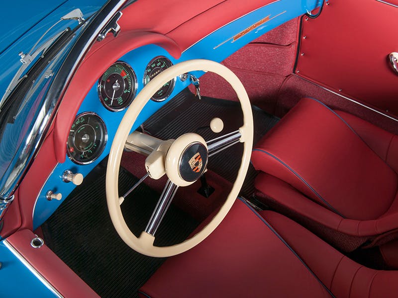 Blue and Red interior, Ivory White steering wheel, cockpit, speedometer.