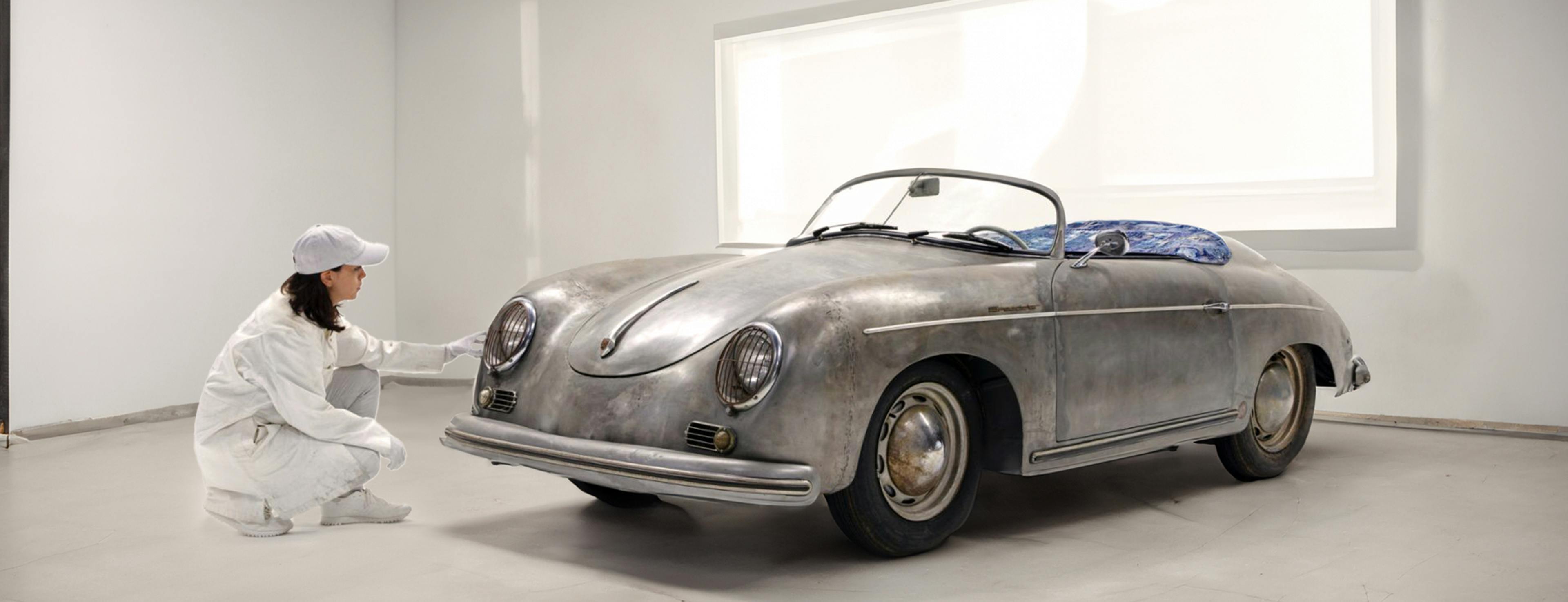 Ferry Porsche in a factory back in 1948, the colourful 1964 Porsche 356 SC and Daniel Arsham's 356 stripped of all paint.