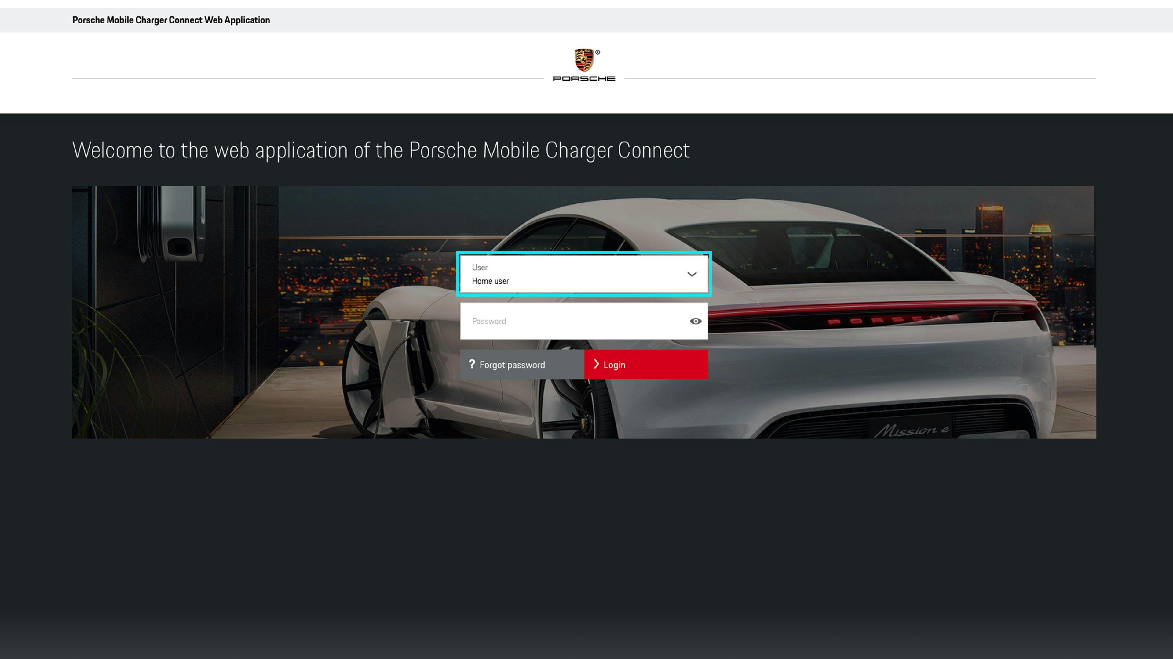 User and password entry for logging in to the Mobile Charger Connect web application.
