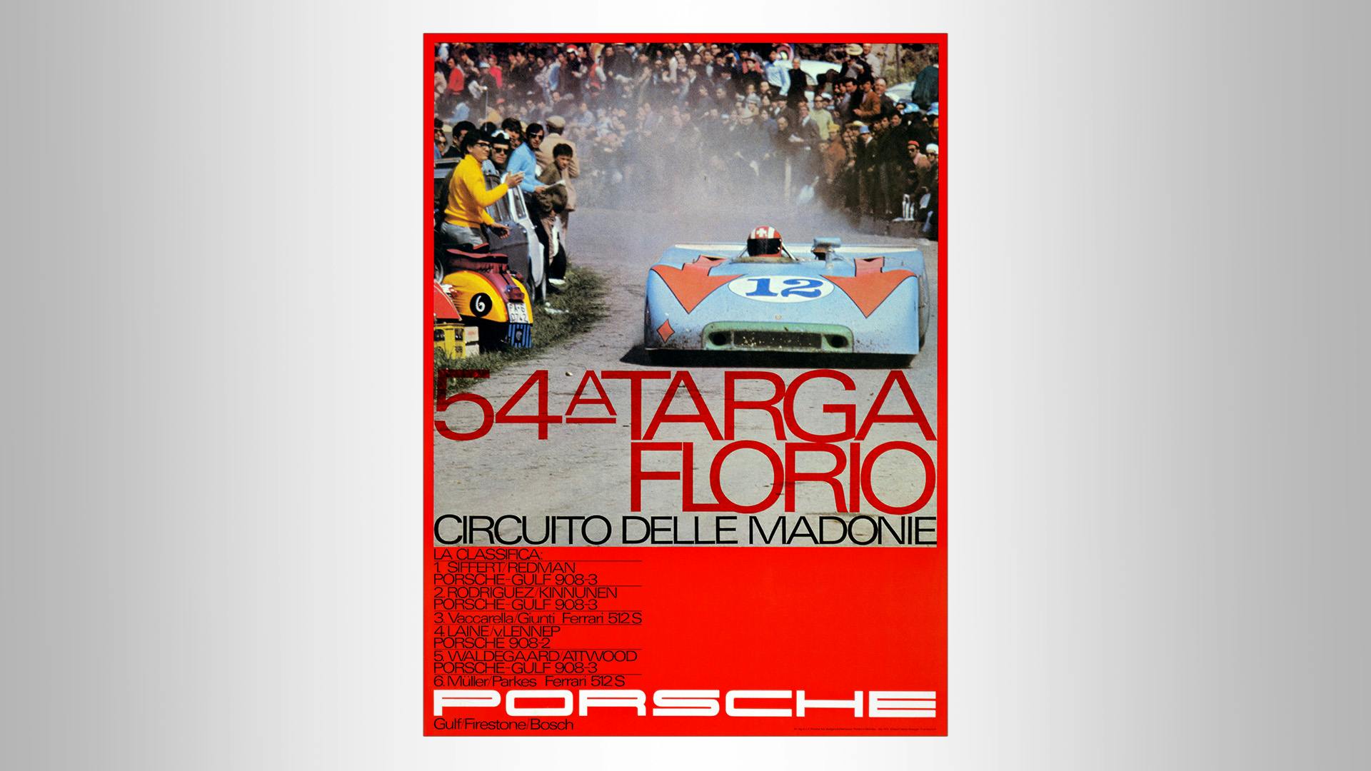 Porsche racing poster: 54th Targa Florio 1954, vintage photo with lightblue Porsche and orange arrows.