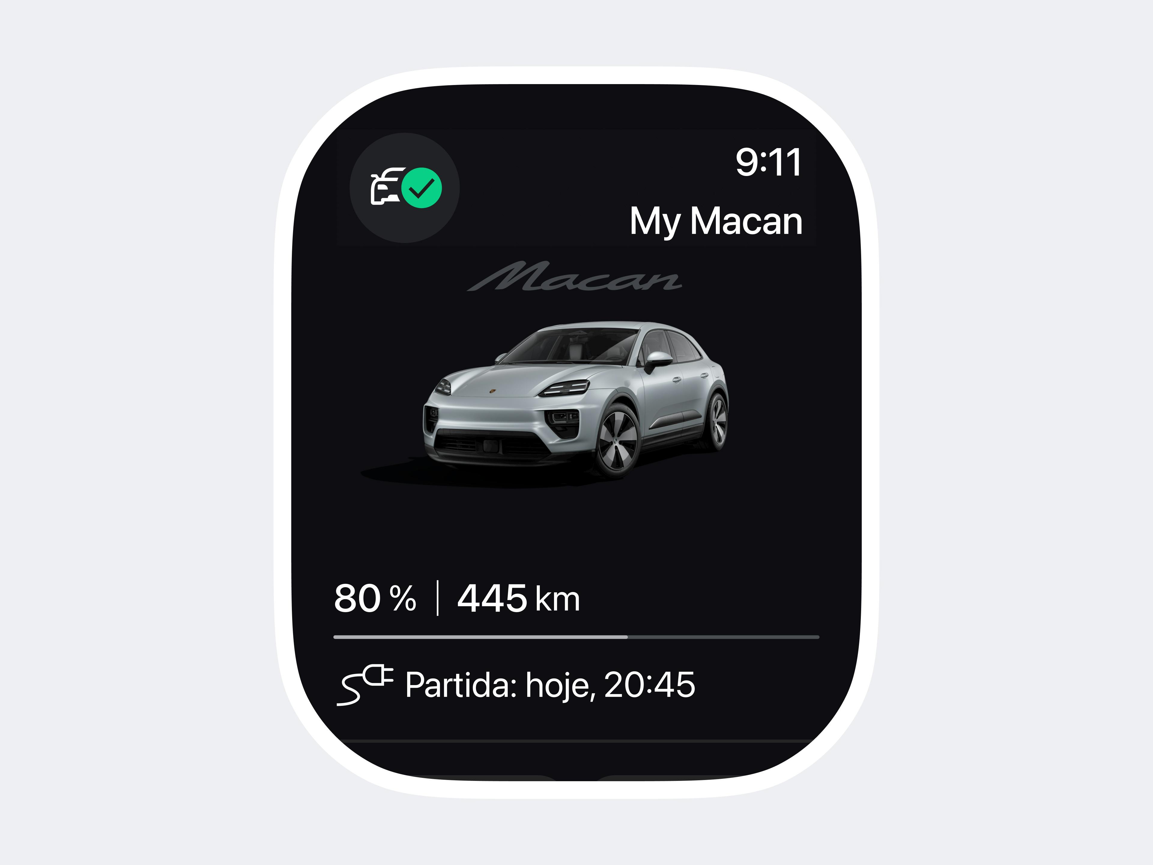 O ecrã do smartwatch mostra um Porsche Macan prateado com informações sobre o nível de carga e a hora de partida numa visualização escura da aplicação.