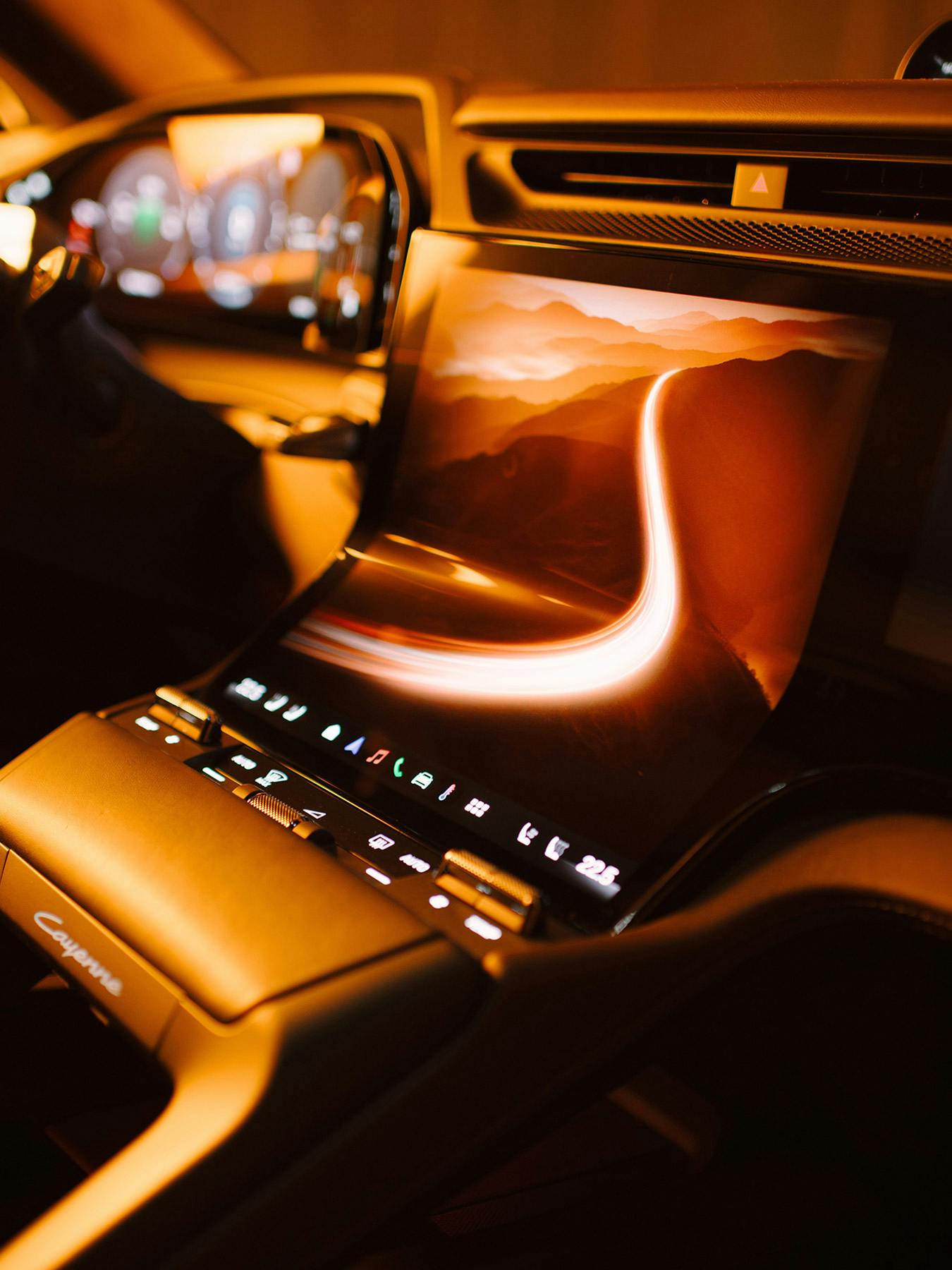 The interior of the Porsche Cayenne features a futuristic color scheme.