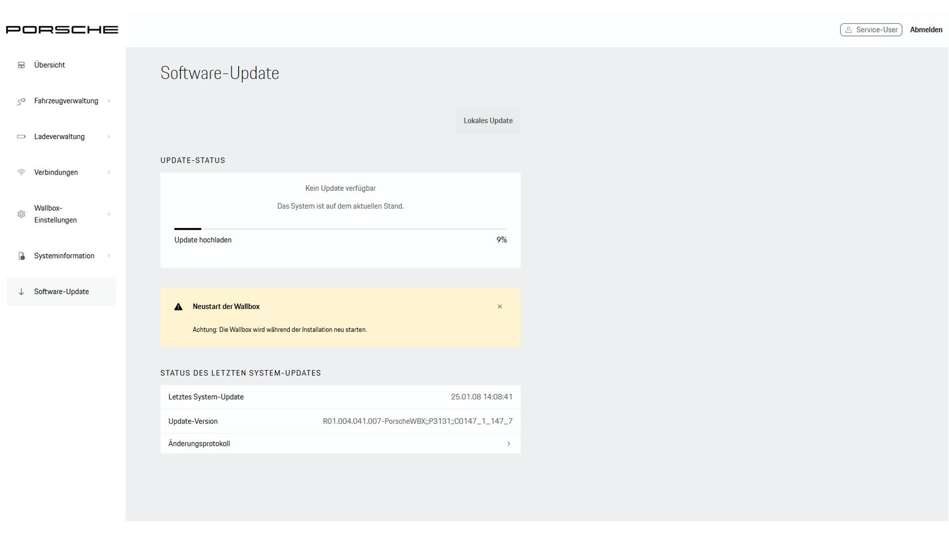 Fortschrittsanzeige im Menü für Software-Update nachdem ein lokales Update gestartet wurde.