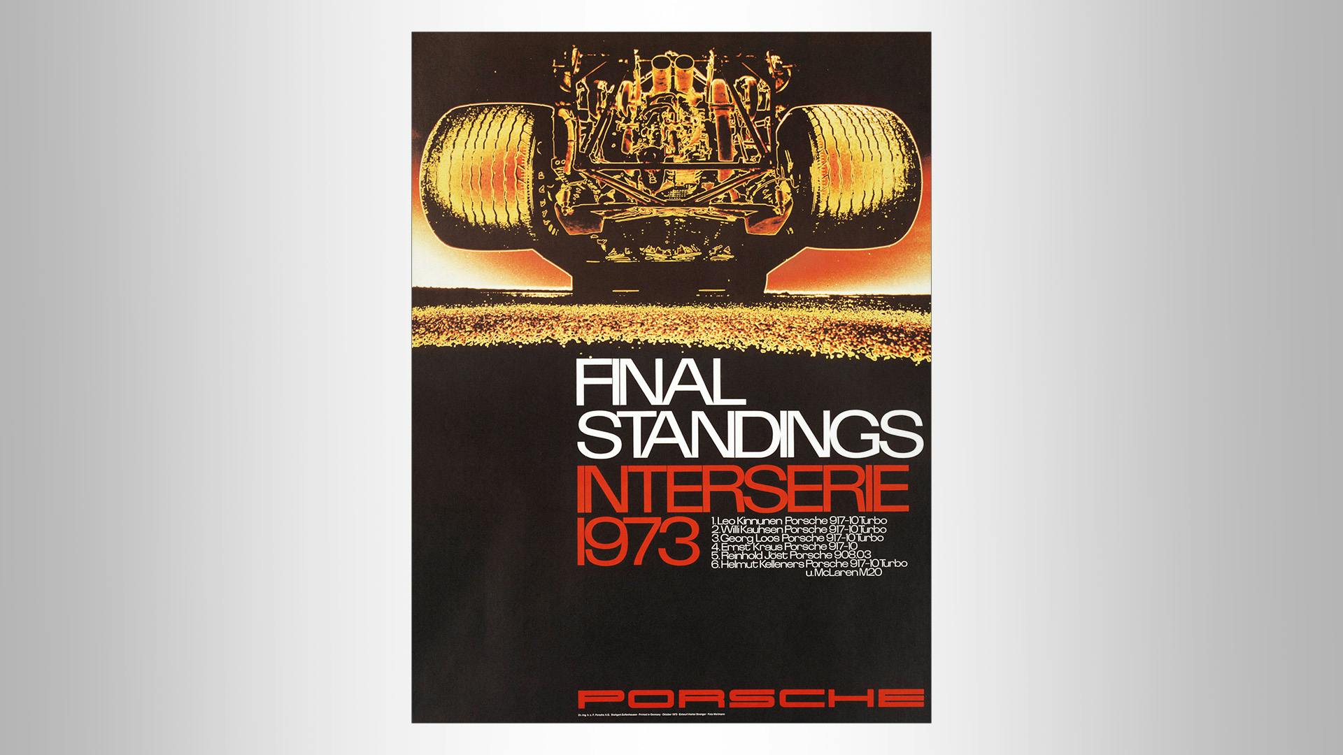 Porsche Race poster of the Final Standing, Interserie 1973 with orange grafic elements and red, white writing.