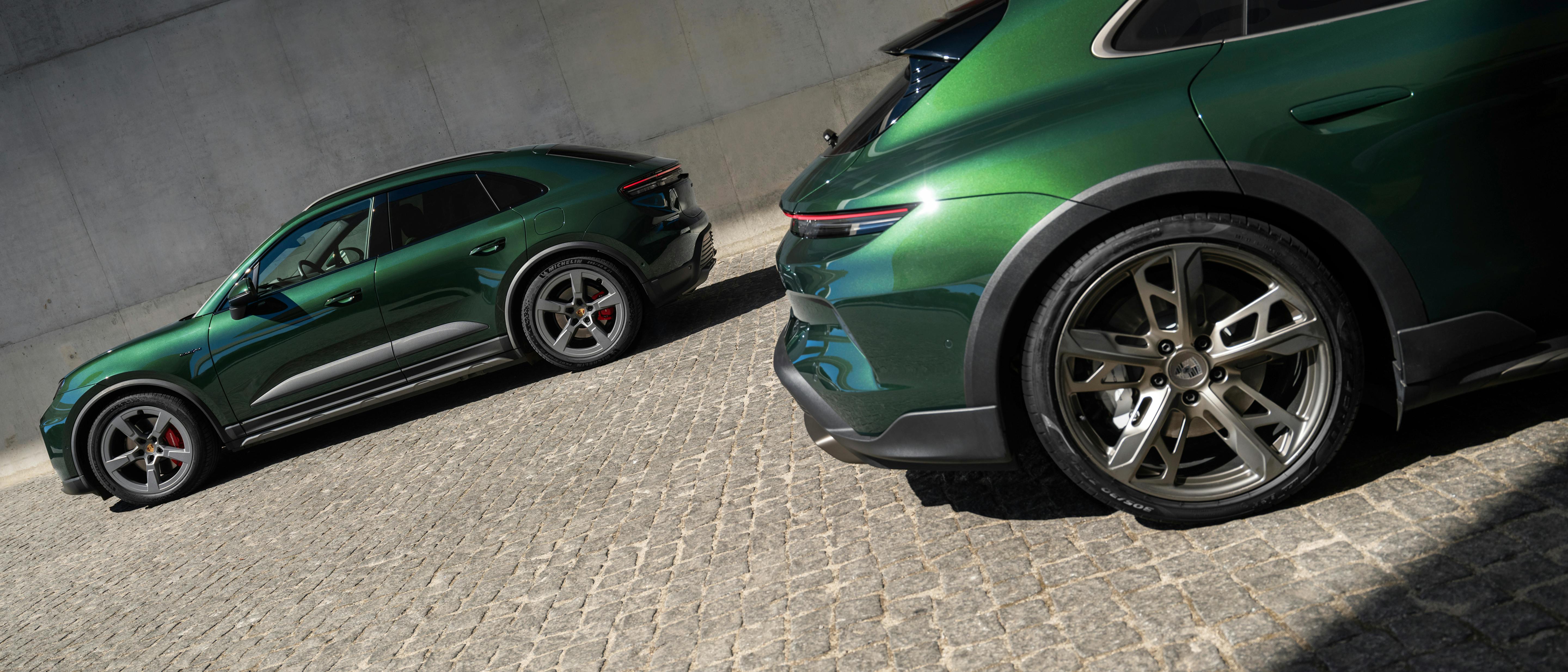 View of the side a Porsche Macan 4S and the rear of a Porsche Taycan Turbo Cross Turismo.