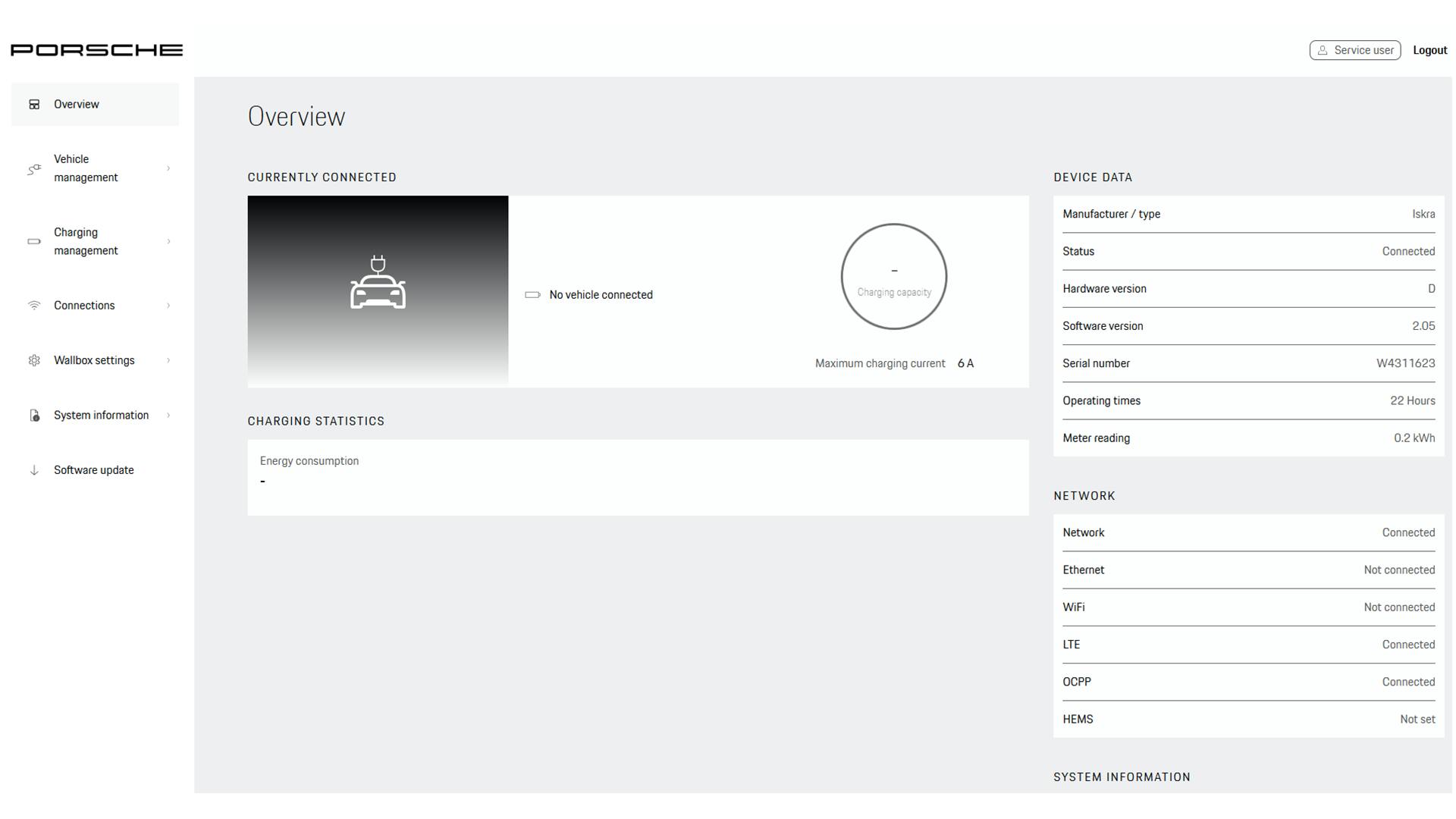 Overview menu after logging in to the web application.