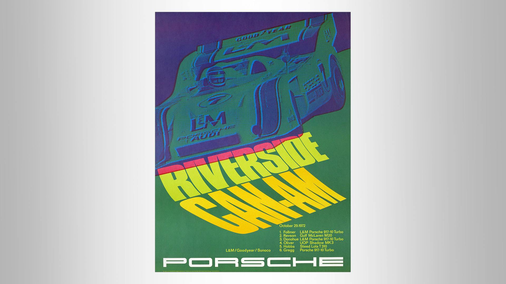 Grafic styled Porsche victory poster in green/yellow/blue with the writing: Riverside Can-Am 1972.