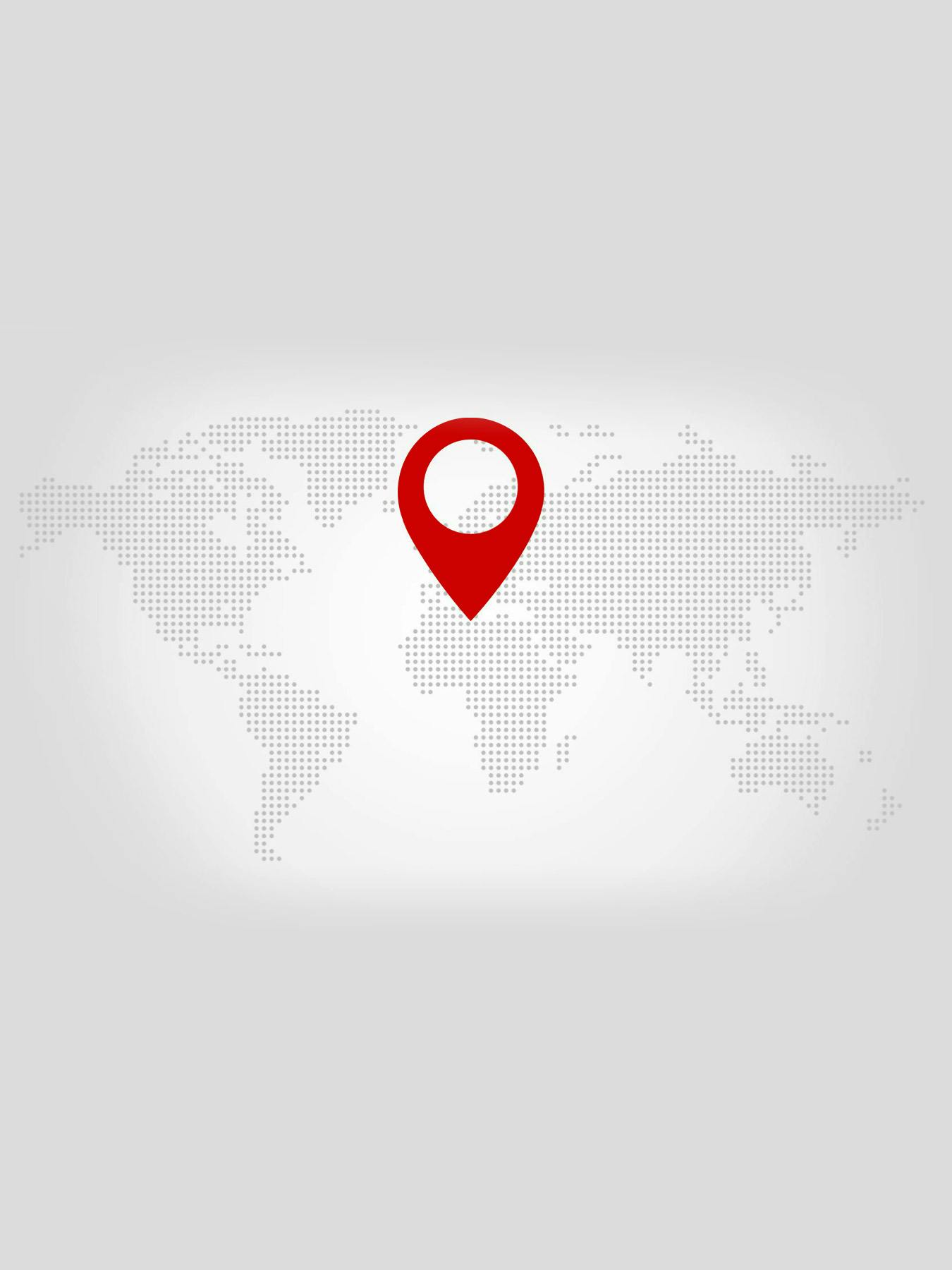 Grande épingle de localisation rouge sur une carte du monde stylisée avec des points gris.