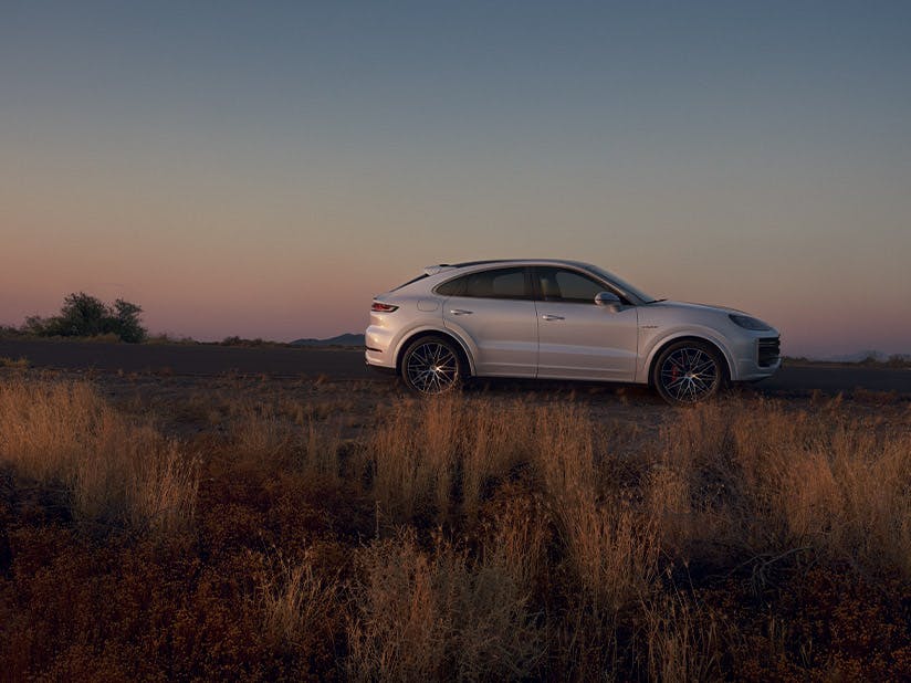 Weißer Porsche Cayenne steht seitlich auf einer Straße in einer trockenen Landschaft mit hohem Gras.