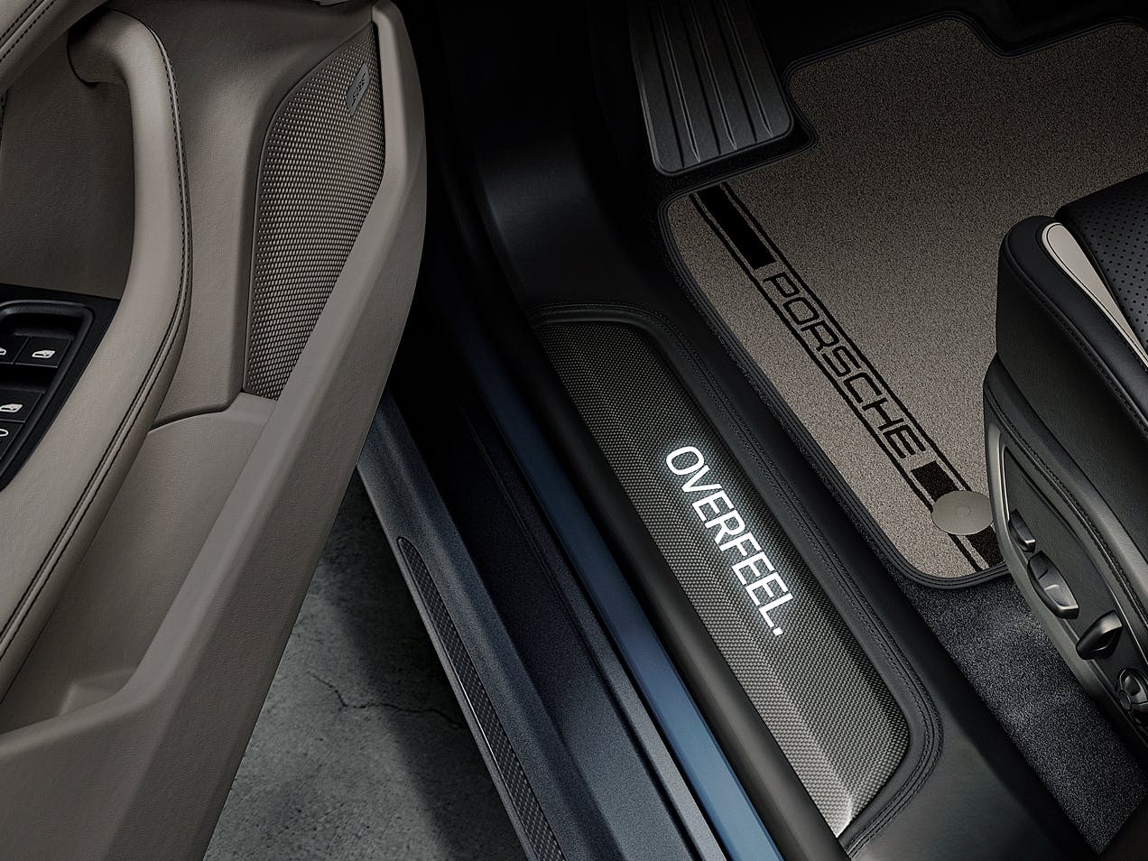 "Detailed view of the door sill guard in the Porsche Exclusive Manufaktur Taycan GTS. "