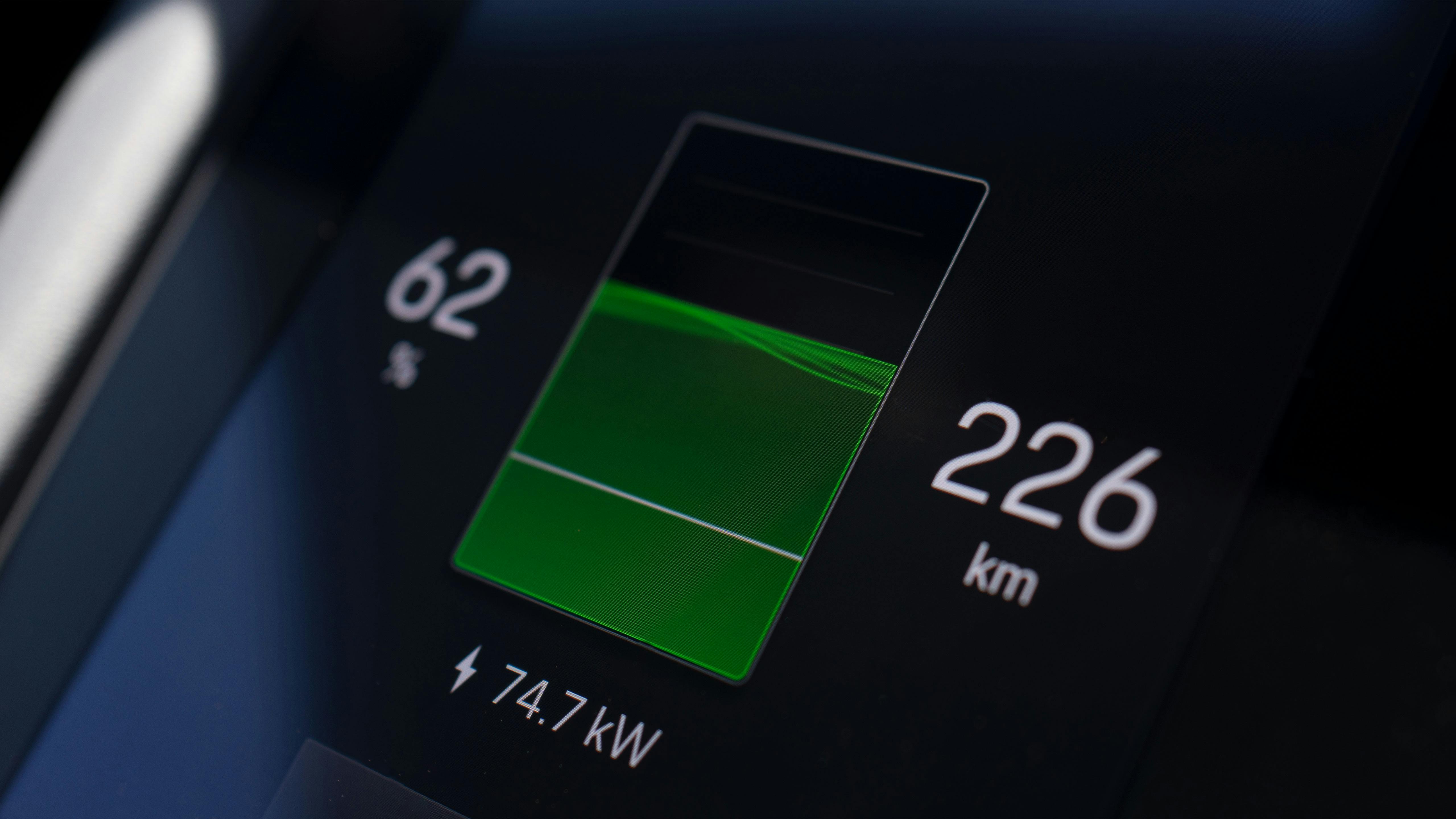 Closeup of the battery level in the Porsche Taycan