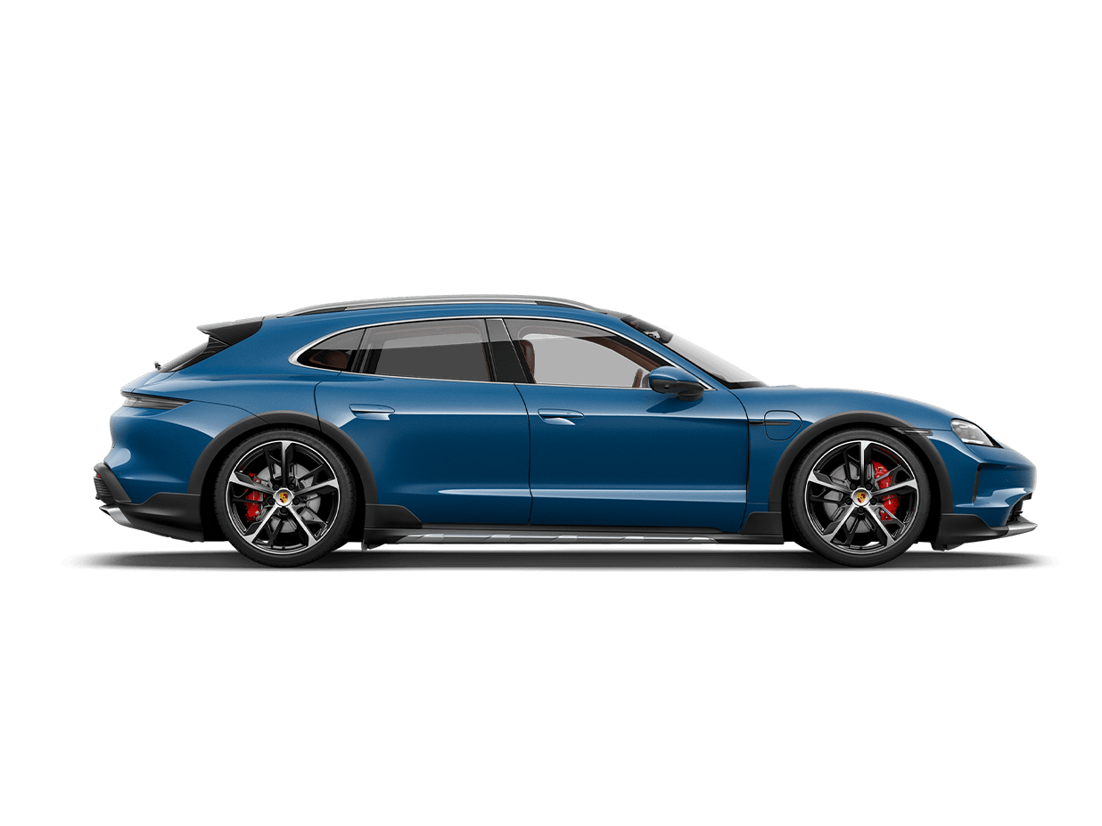 Side view/profile of a Porsche Taycan 4 Cross Turismo in Dolomite Silver Metallic.