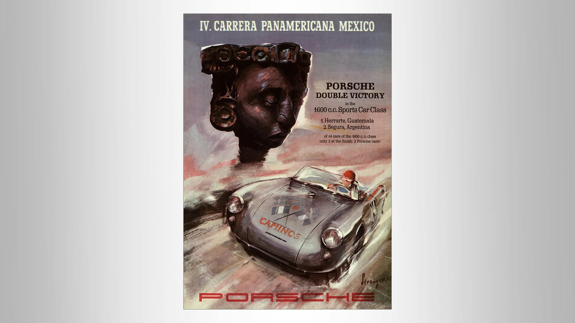 Porsche victory poster in a drawing style with a brown head: 4th Carrera Panamericana Mexico, Porsche Double Victory, with a silver Porsche Cabriolet.