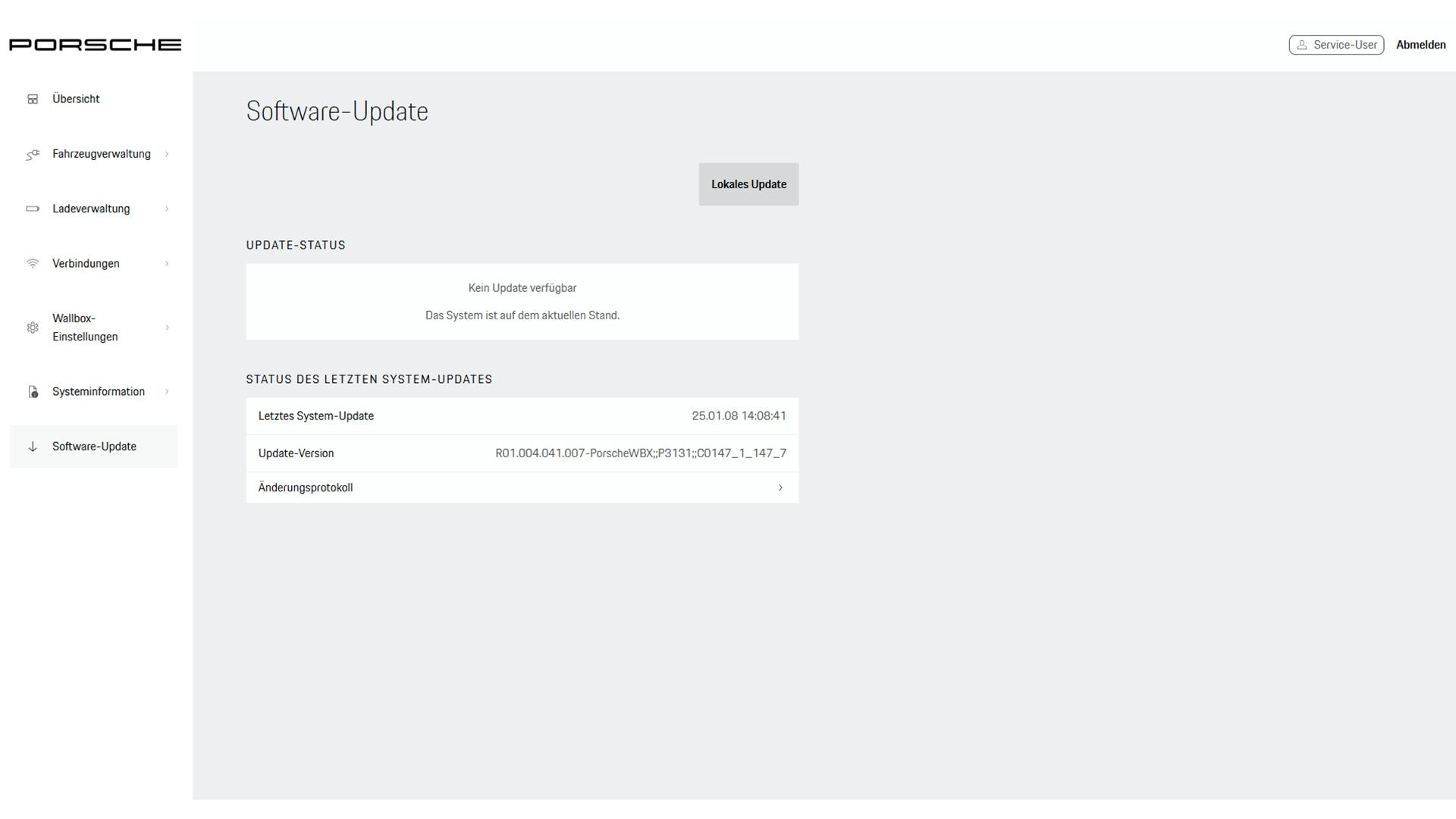 Menü für Software-Update in der Web-Applikation. Rechts oben befindet sich die Schaltfläche für ein Lokales Update.