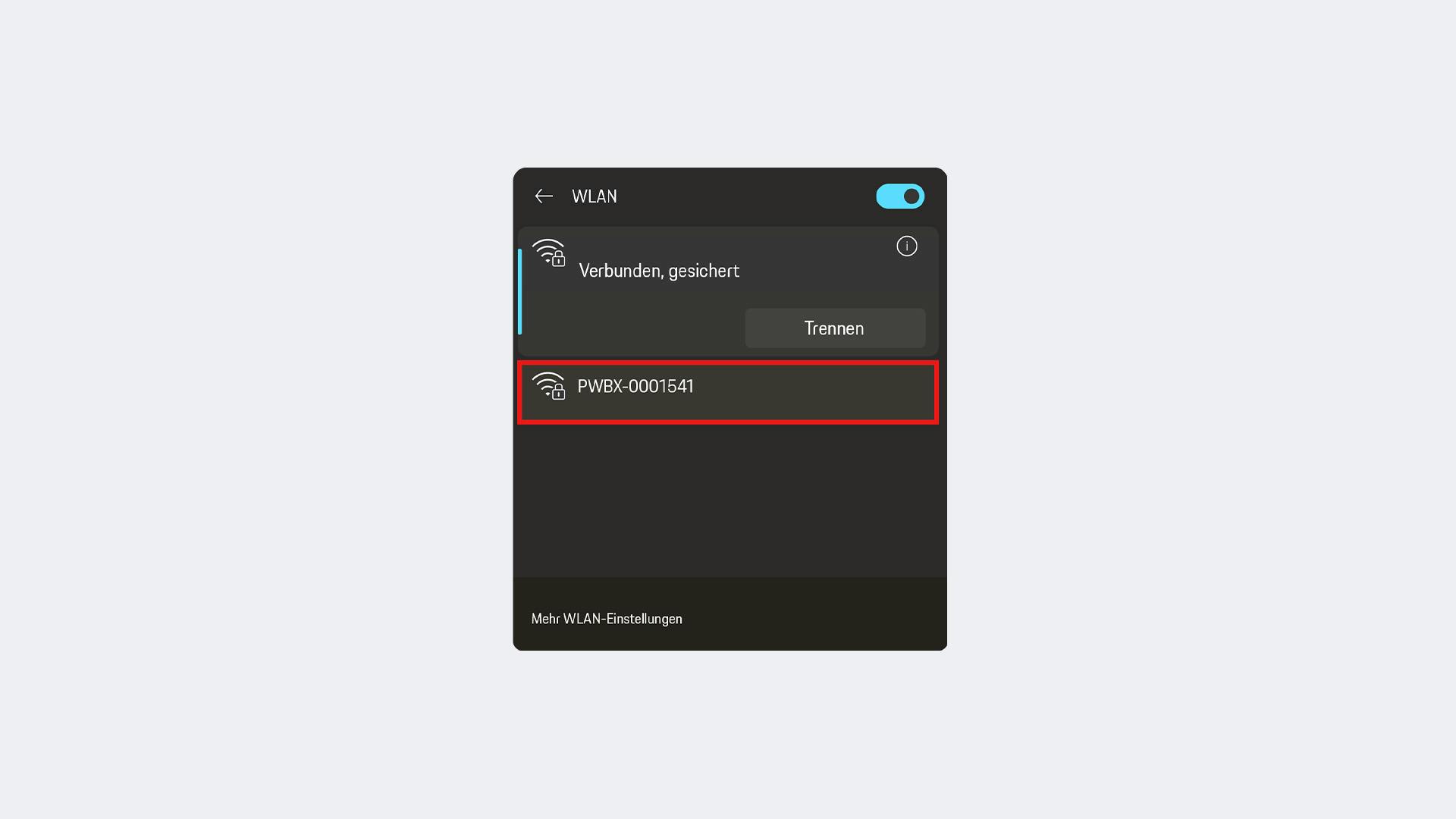 WLAN‑Einstellungsmenü. Das Netzwerk „PWBX‑0001541“ ist hervorgehoben.