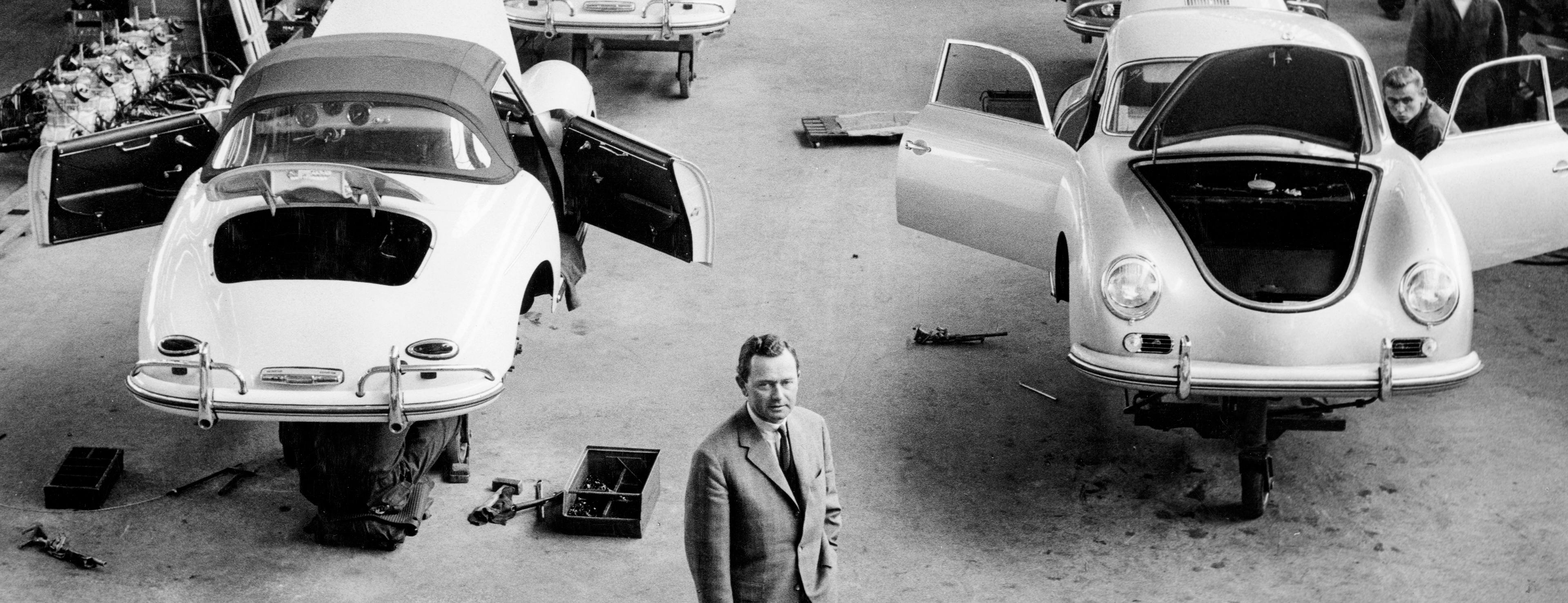 Ferry Porsche in a factory back in 1948, the colourful 1964 Porsche 356 SC and Daniel Arsham's 356 stripped of all paint.