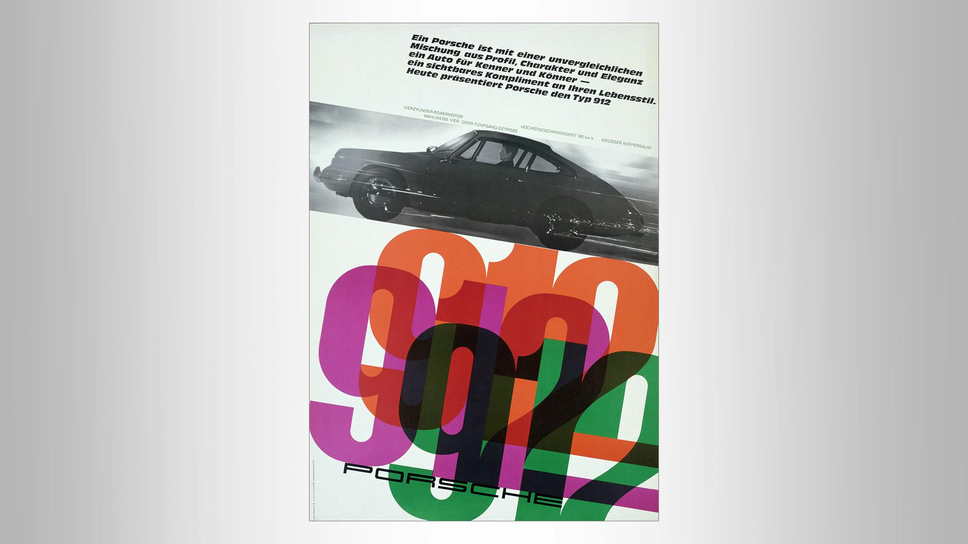 Advertising poster with colorful grafic elements and a black/white picture of a Porsche type 912.