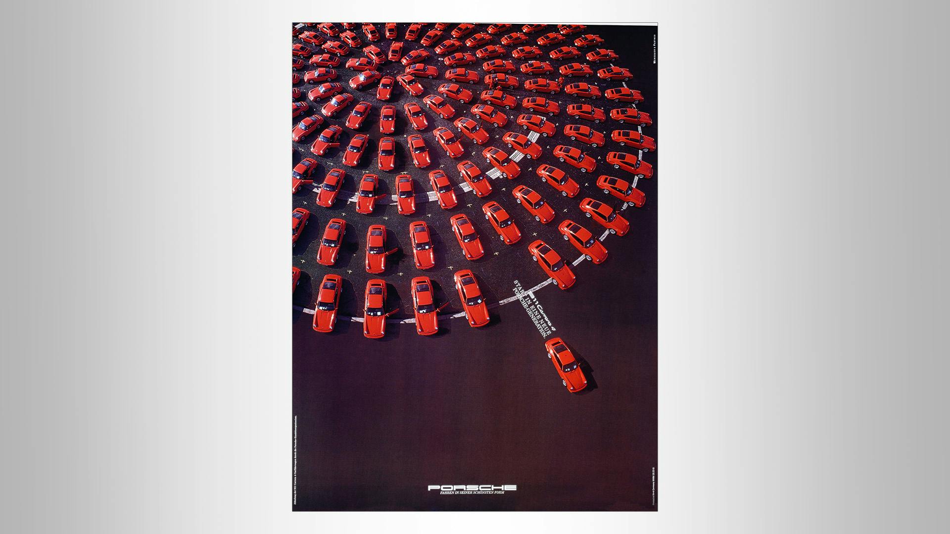 Porsche advertising poster with red Porsche 911 Carrera 4 lined up in a circle and the slogan: 911 Carrera 4. Start in eine neue Porsche Generation.
