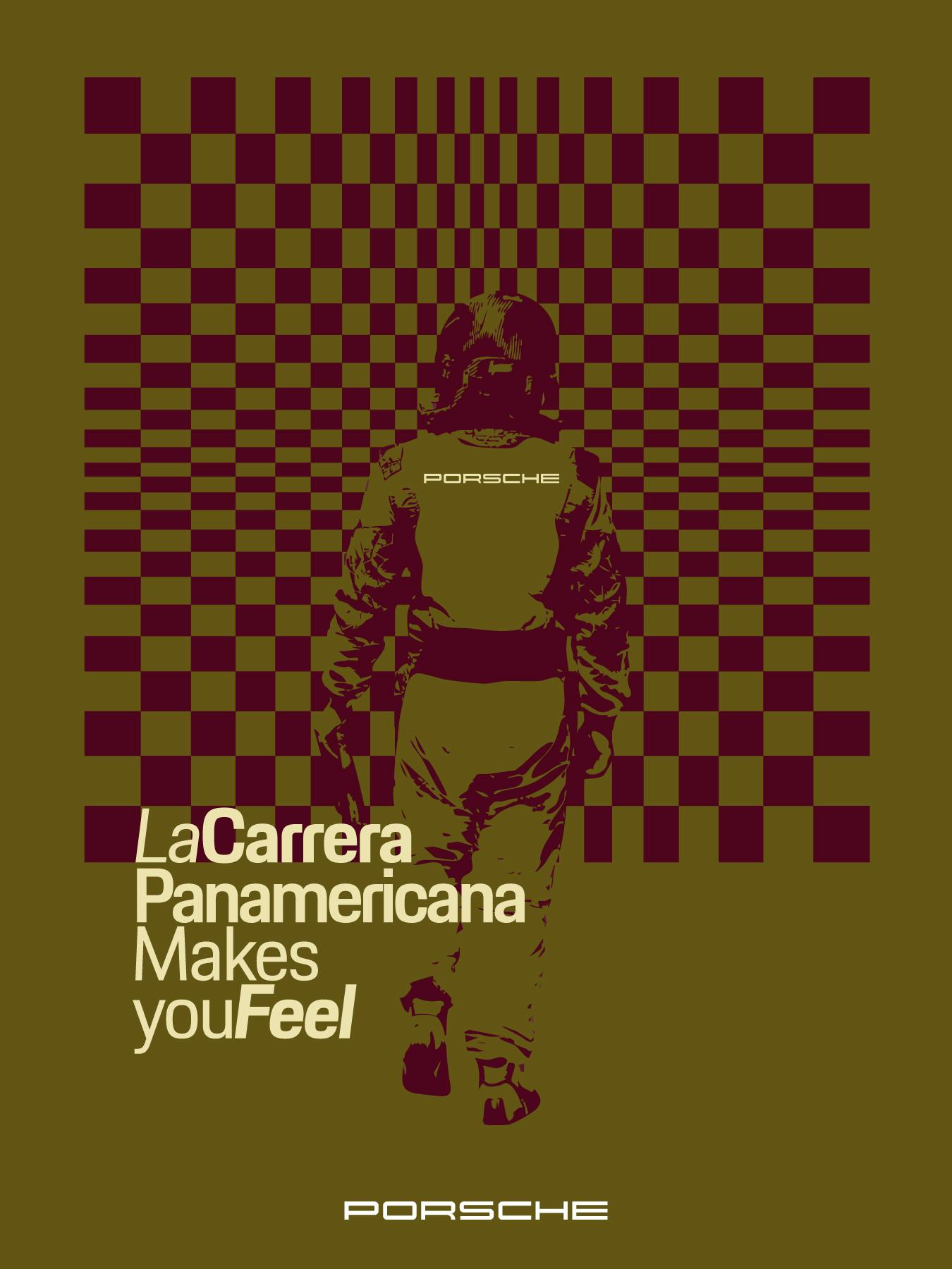 Diseño abstracto para La Carrera Panamericana con una bandera a cuadros y la silueta de un piloto de carreras. Texto: "La Carrera Panamericana te hace sentir".