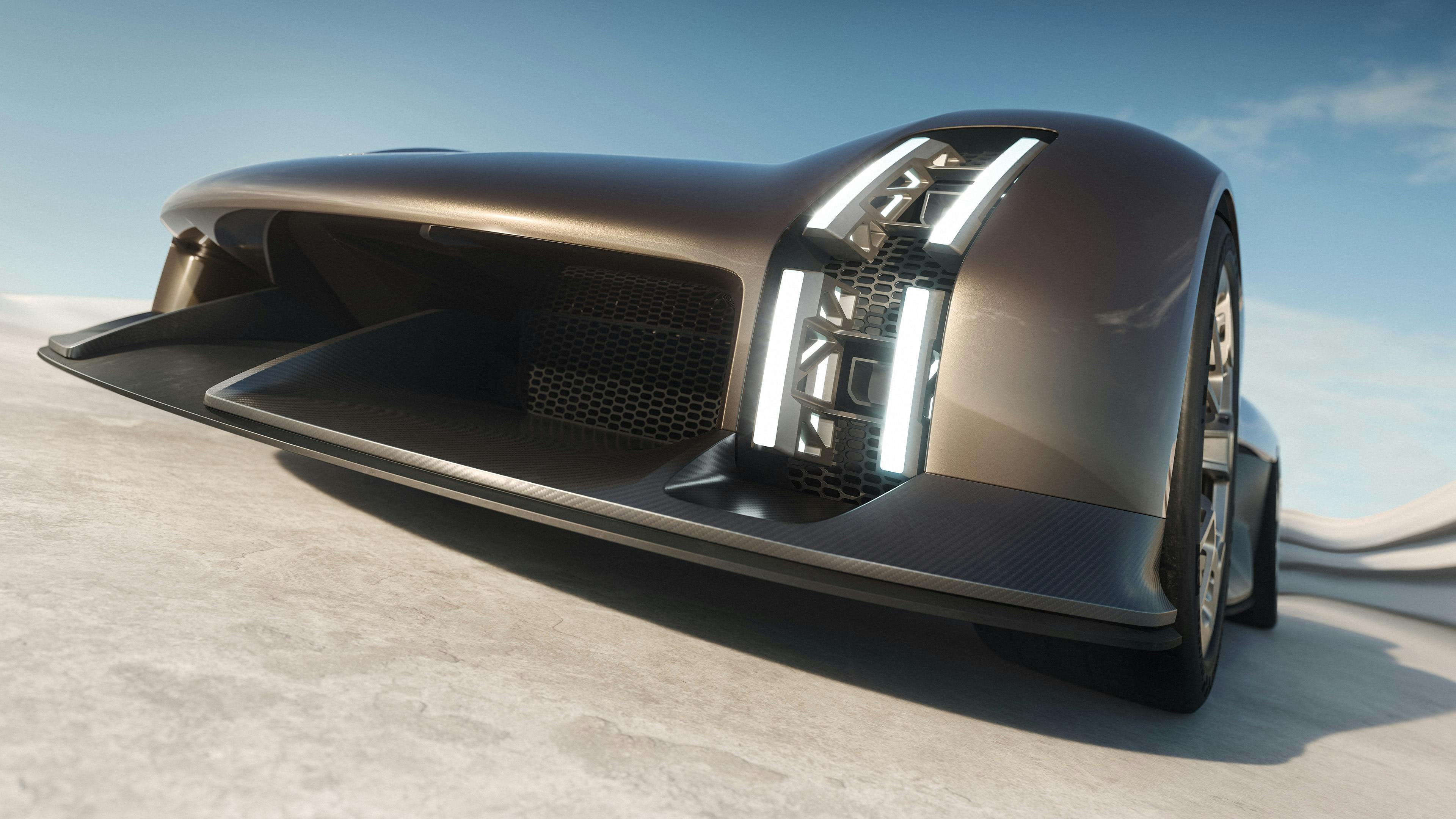 Porsche Mission X in Rocket Metallic. Detailed view of the vertical four-point headlamps.