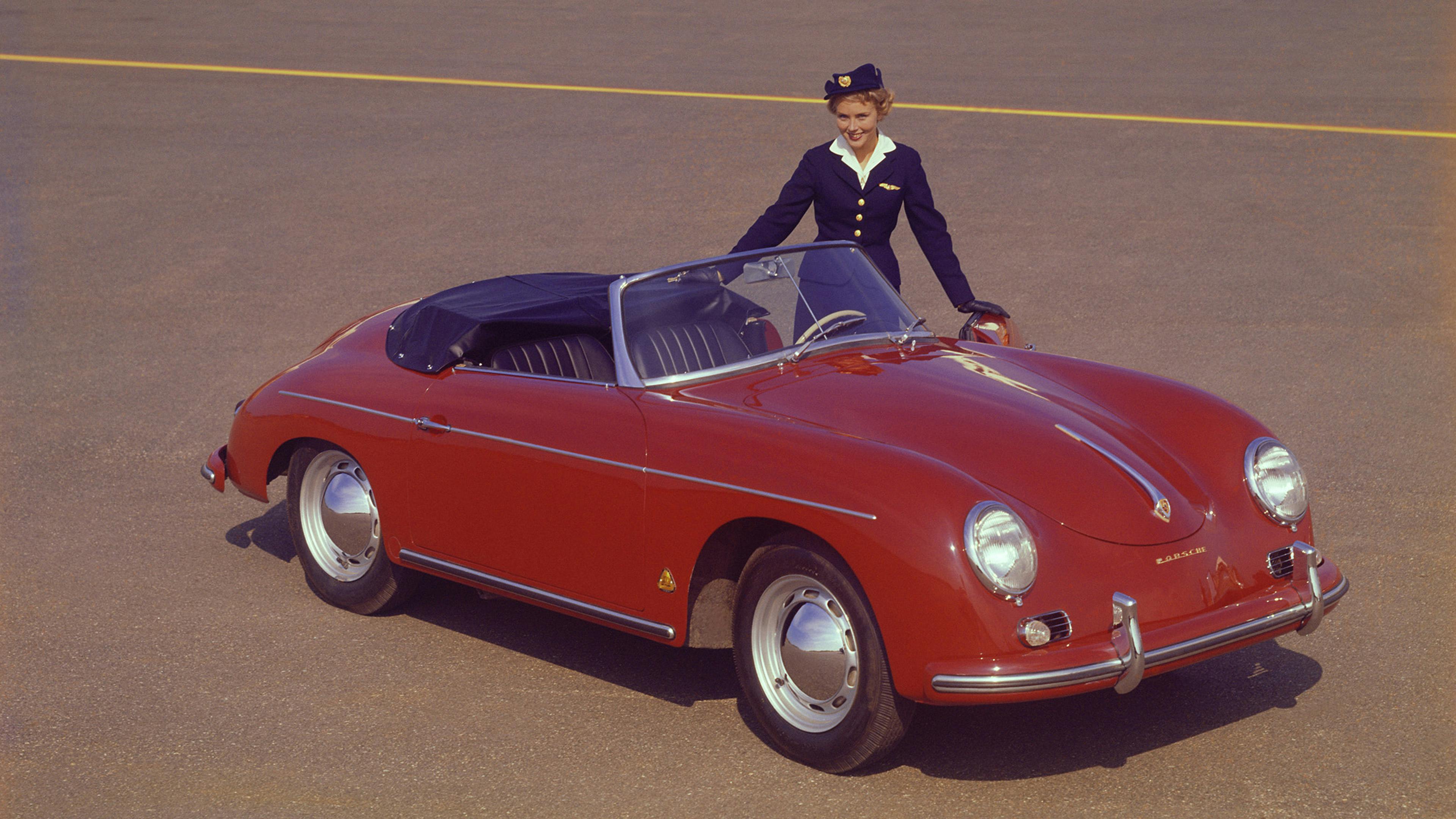 Red 356 A 1600 Convertible D, woman in suit