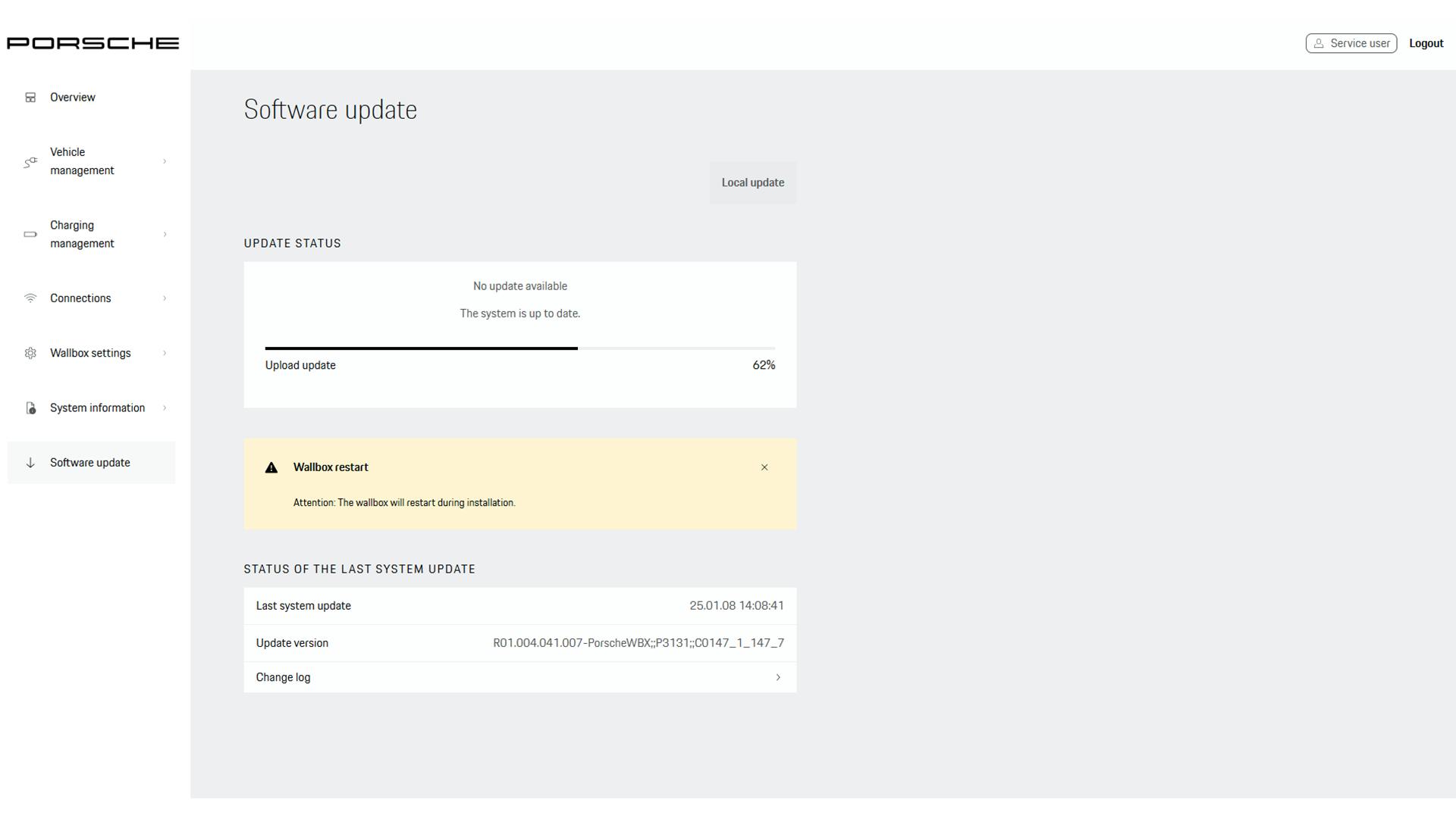 Progress indicator in the software update menu after a local update has been started