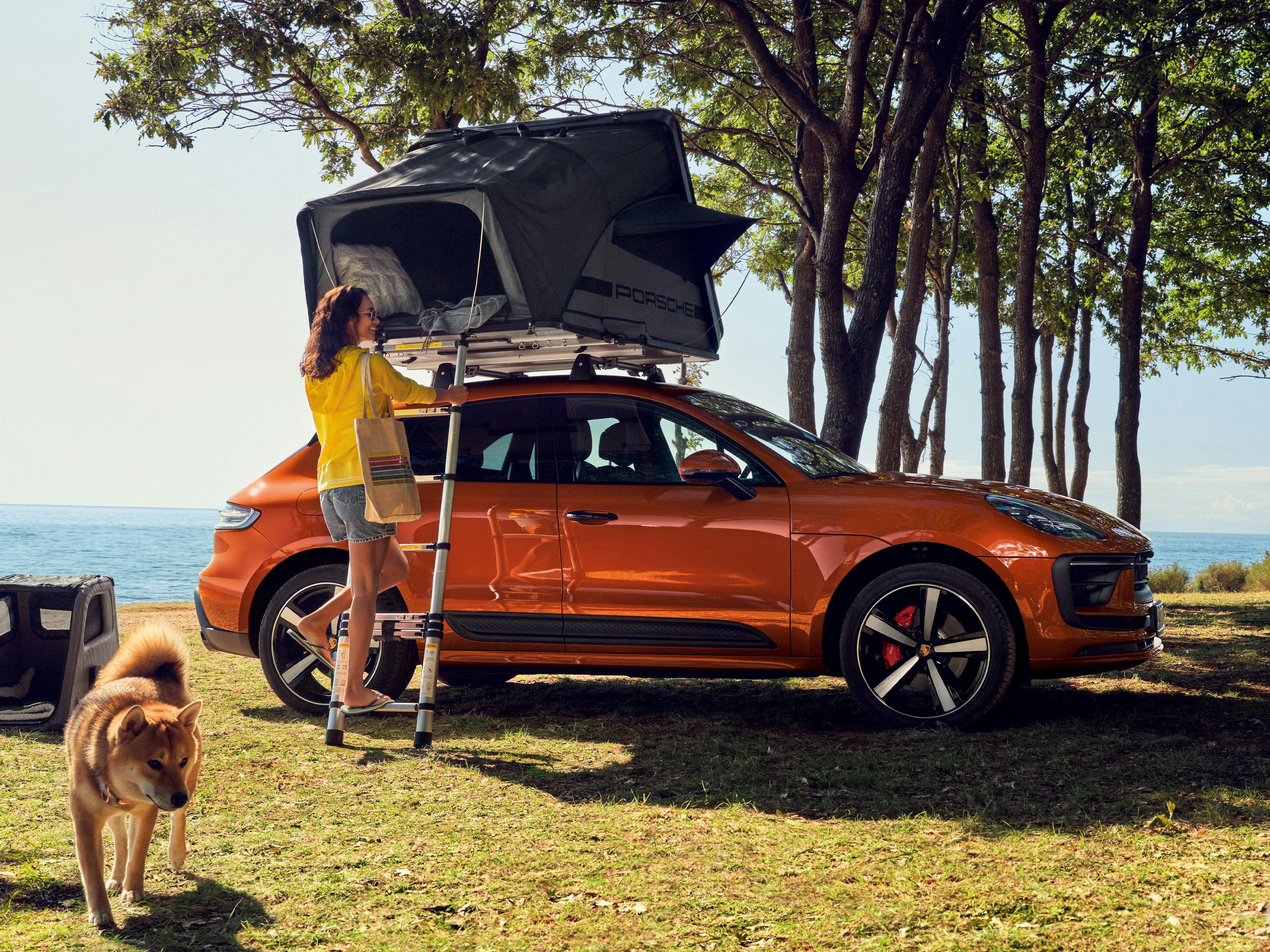 A woman sets up a rooftop tent on an orange Porsche parked by trees near the beach, with a dog walking nearby.