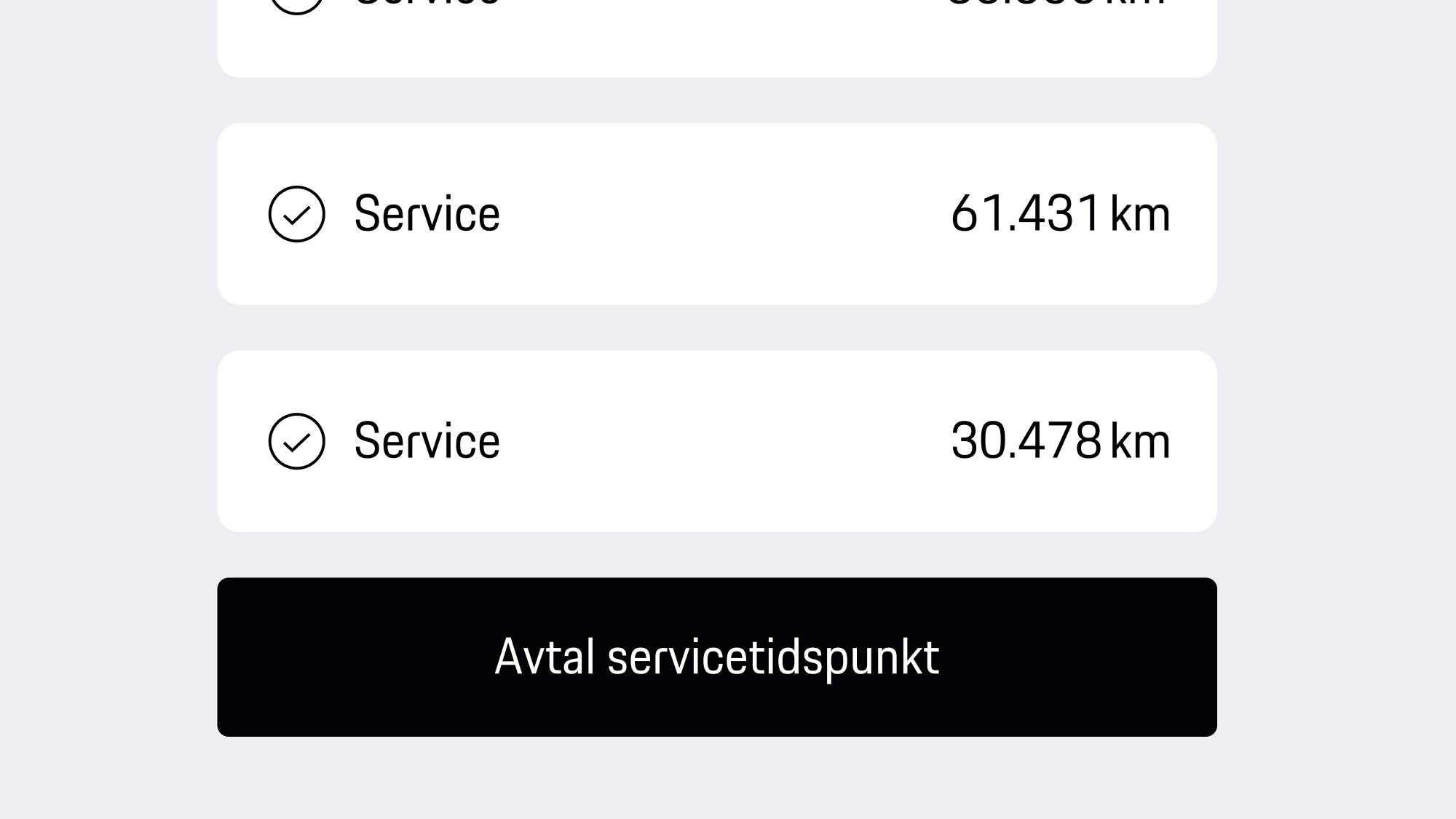 App-visning som viser inspeksjonsliste med kjørelengdeopplysninger og svart «Bestill time»-knapp for å bestille service.