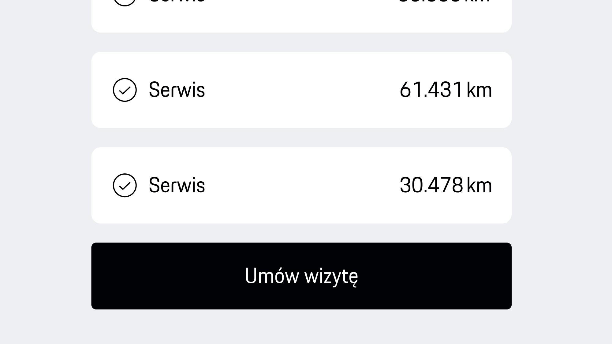 Widok aplikacji przedstawiający listę przeglądów z informacją o przebiegu oraz czarnym przyciskiem „Umów wizytę” do rezerwacji serwisu.