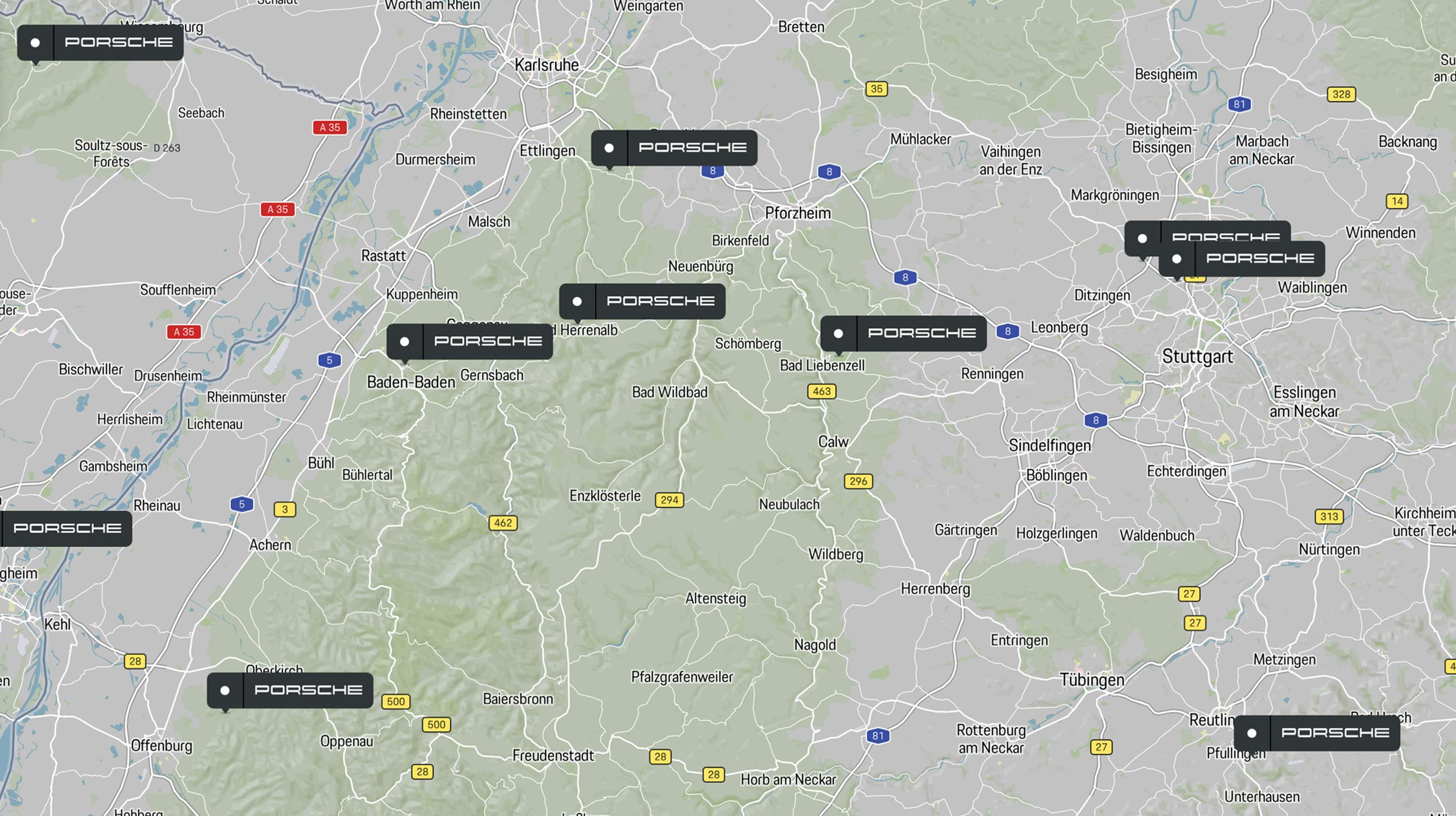 Porsche Charge Map con las ubicaciones de carga en destino marcadas.