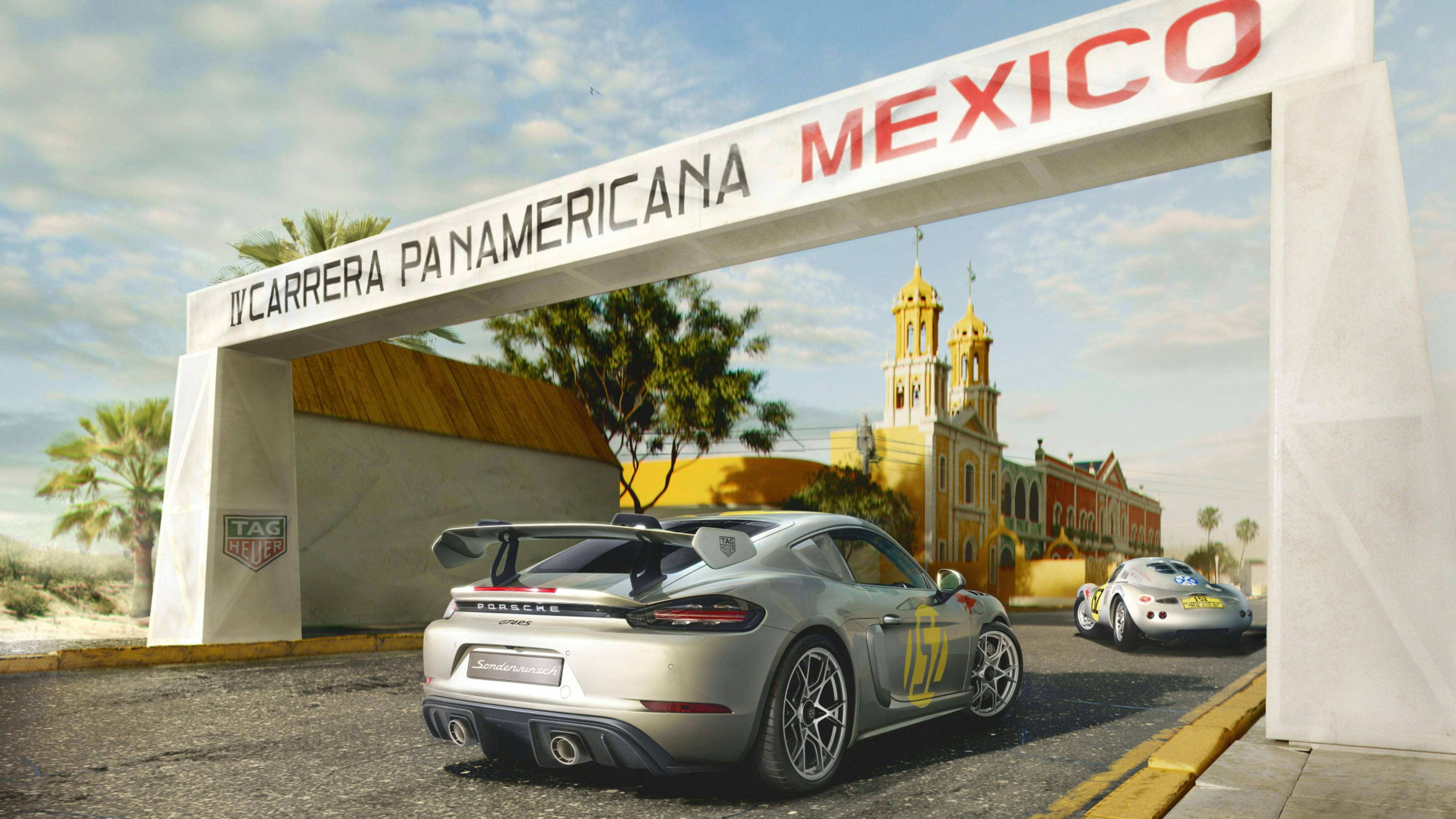The 718 GT4 RS Carrera Panamericana Special, with number 152, is a unique car designed by Porsche Exclusive Manufaktur. It was inspired by the Porsche 550 Coupé, which won first place in the Sports Car category up to 1600 cc in the 1953 edition of La Carrera Panamericana.