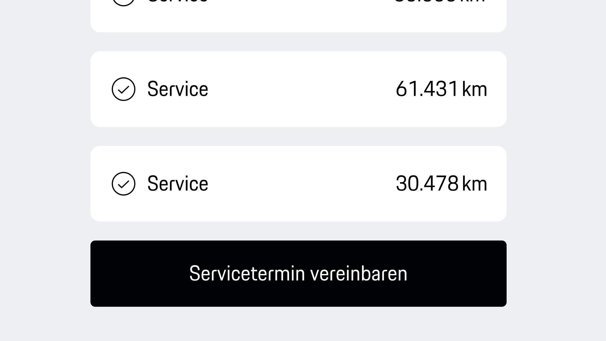 App-Ansicht mit Inspektionsliste mit Kilometerstanddetails und schwarzem „Termin vereinbaren“-Button zur Terminvereinbarung für Serviceleistungen.