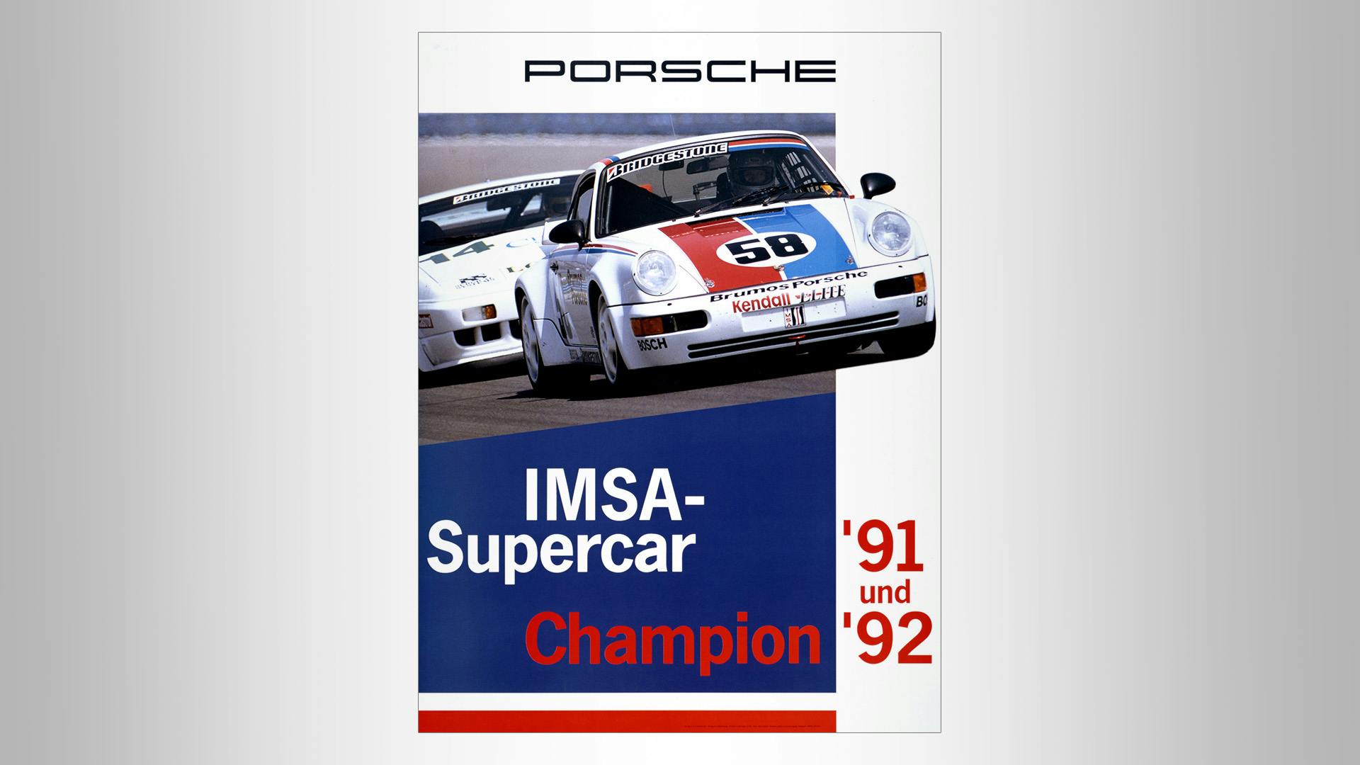 Porsche Victory poster IMSA-Supercat 1991 and 1992 with a photo of a Porsche Racecar on blue background.
