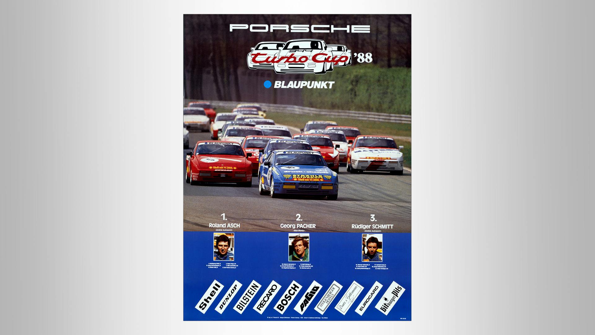 Racing poster with a colored picture of the race and a picture of the three winners of the Porsche Turbo Cup 1988.