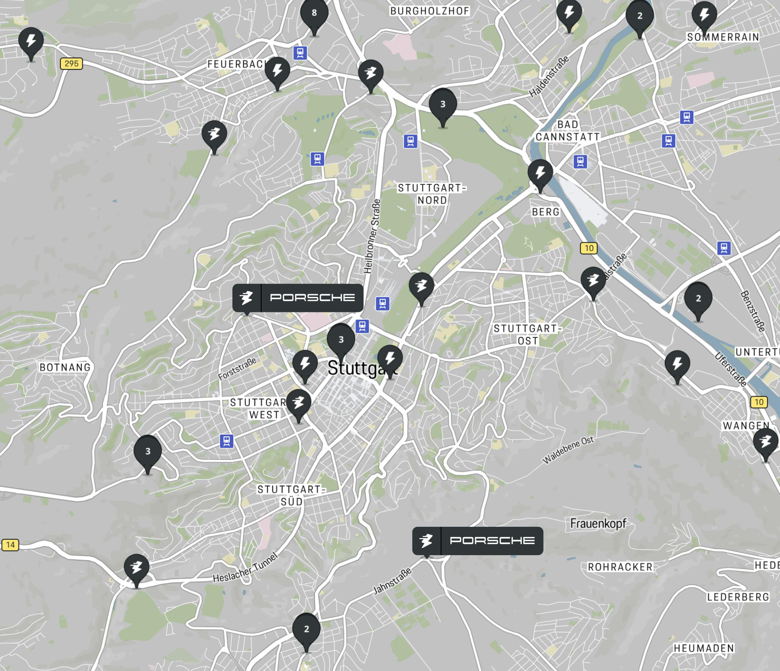 Screenshot of the Porsche Charge Map of Stuttgart and the surrounding area with several charging options.