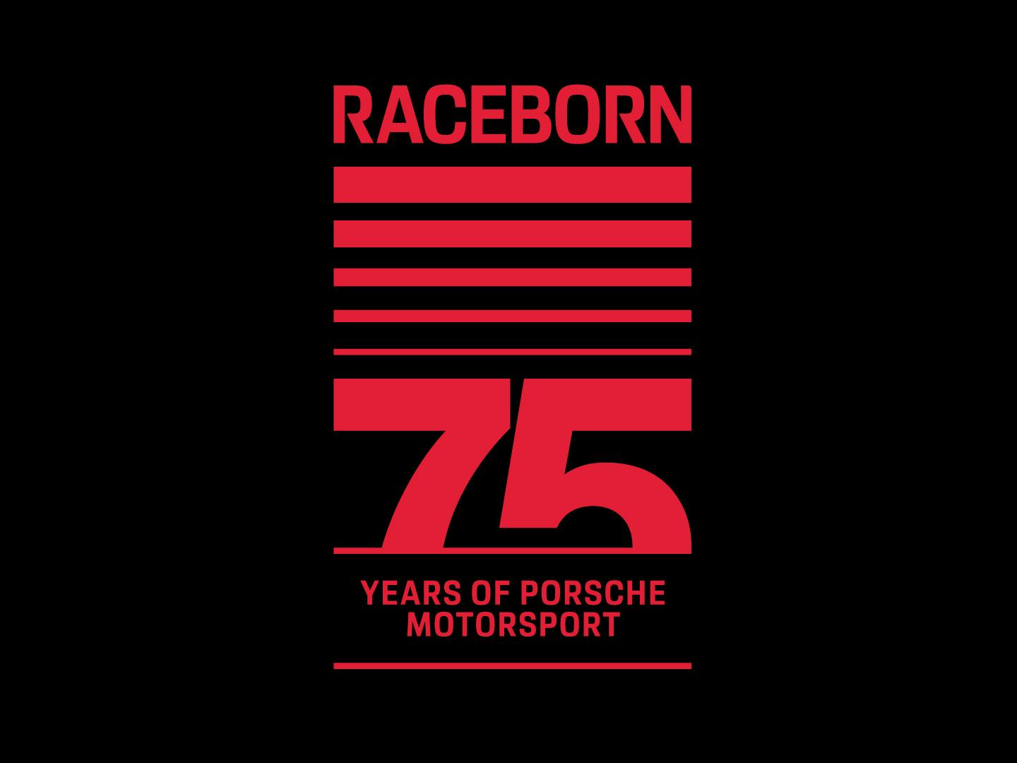 Rotes Jubiläumslogo mit Schriftzug Raceborn, Linienmotiv und großer Zahl 75 Years of Porsche Motorsport auf schwarzem Grund.