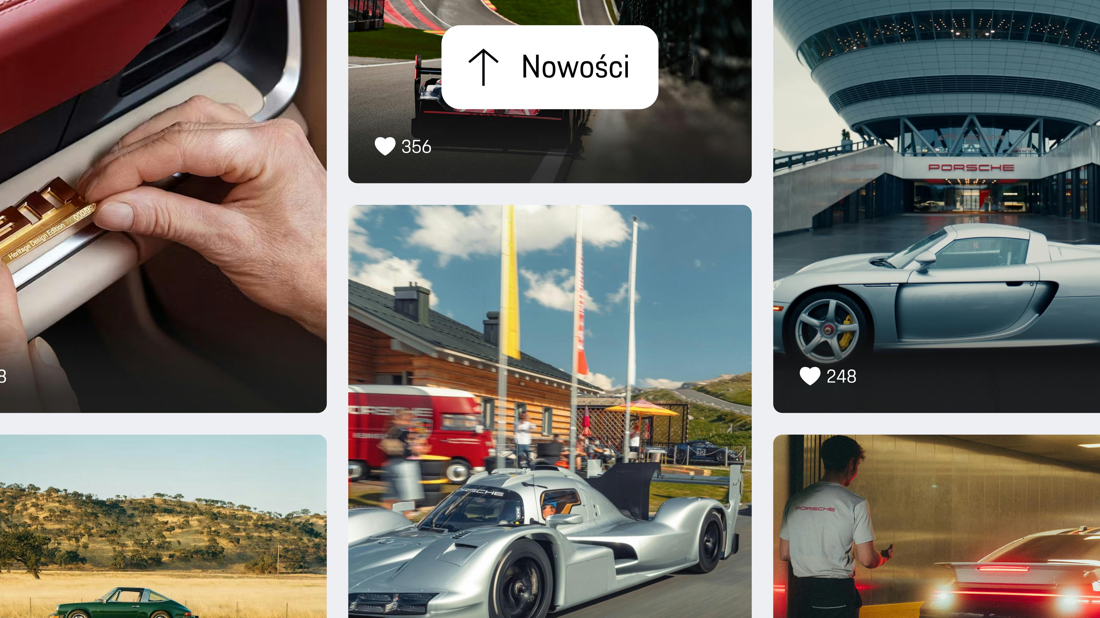 Widok aplikacji przedstawiający kanał Discover Porsche z nowymi wpisami: zdjęcia motorsportu, wydarzeń, modeli klasycznych i scen z warsztatu.