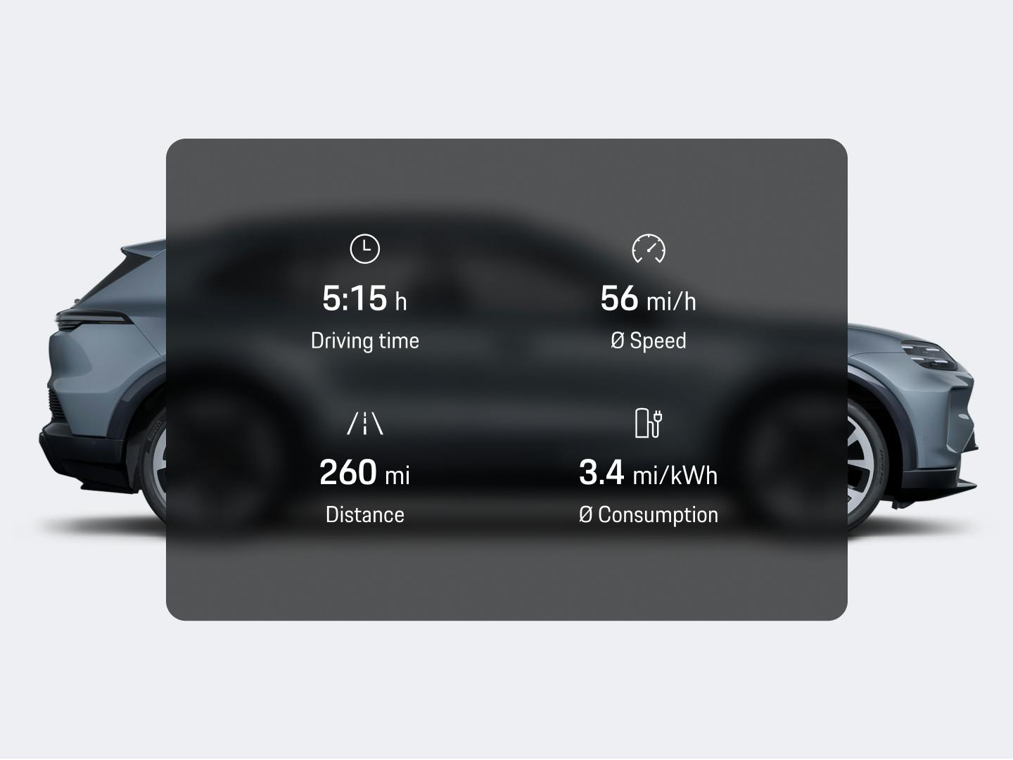 App view showing driving time speed distance and consumption over a gray Porsche electric SUV side view