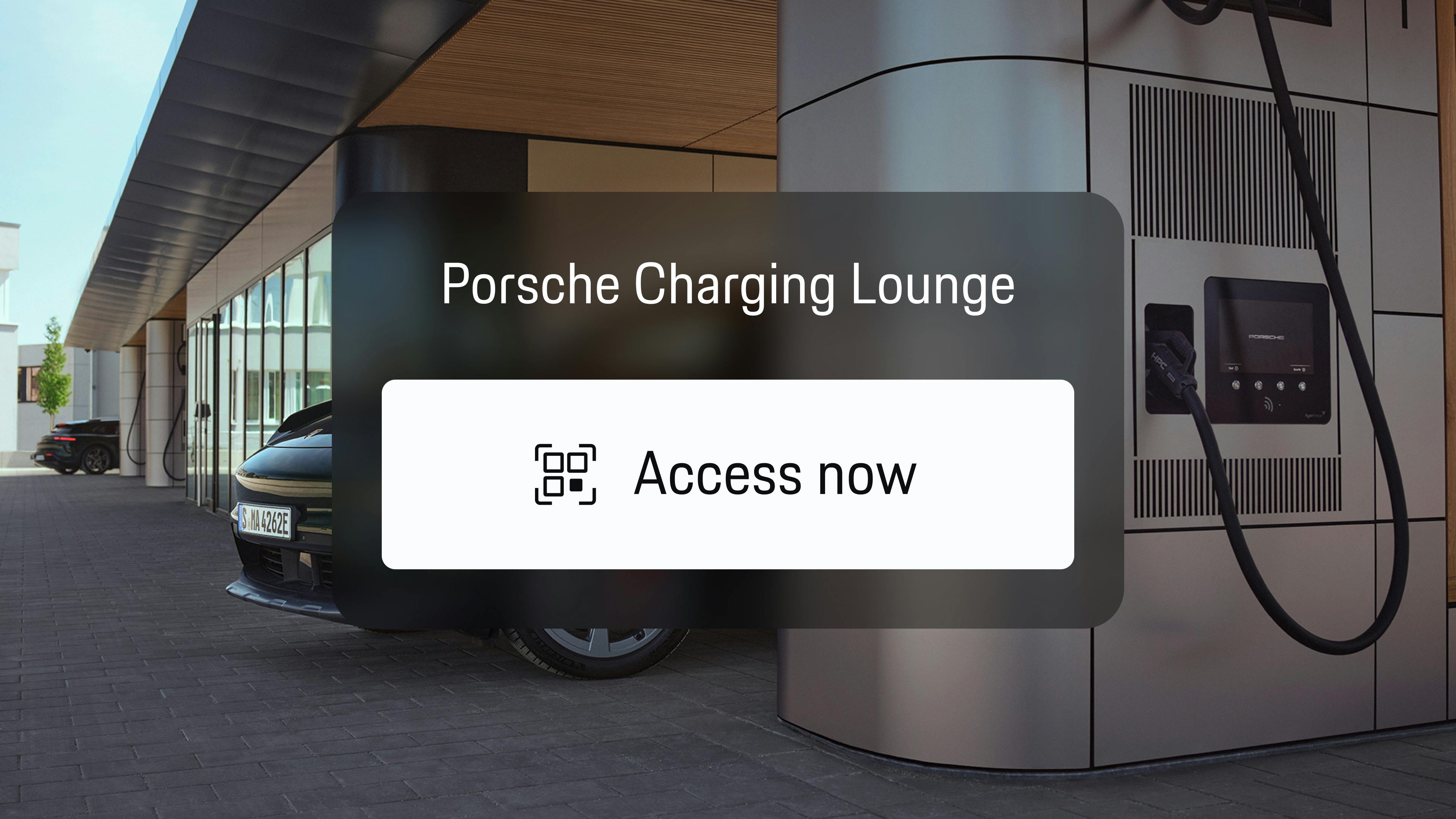 App view showing Porsche Charging Lounge with charging station and ‘Access now’ button in the foreground.