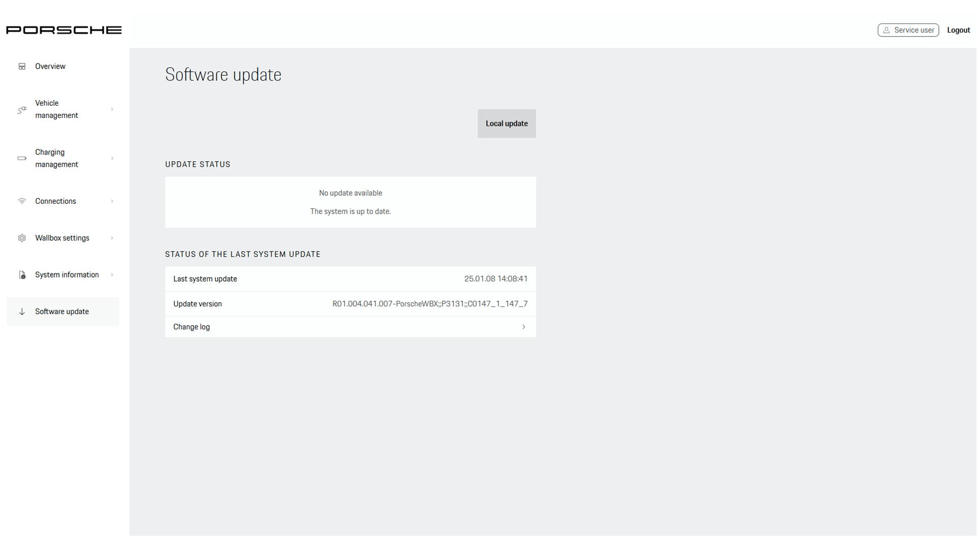 Menu for software update in the web application. The button for a local update is located at the top right.